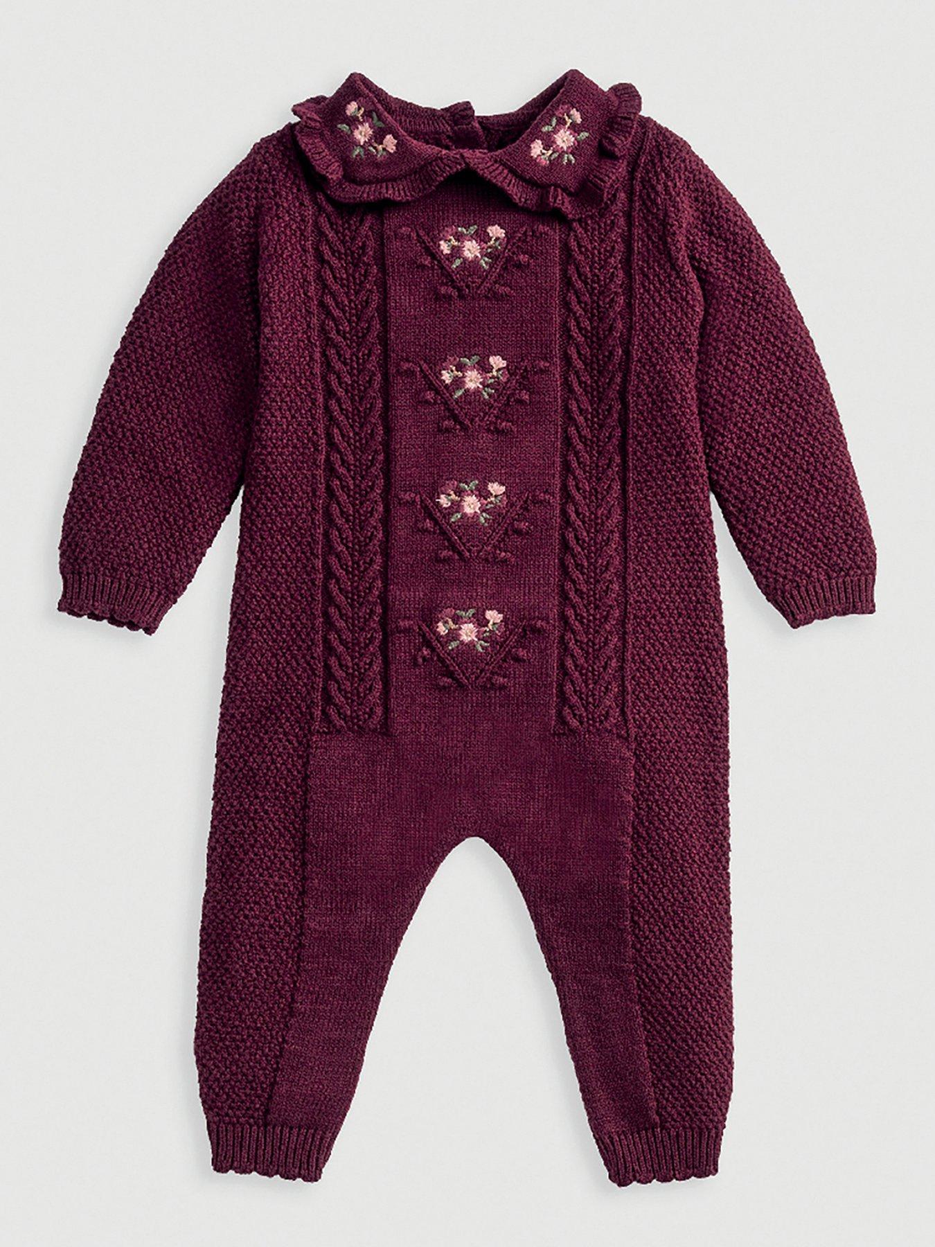 Image 2 of 6 of Mamas & Papas Baby Girls Knit Embroidered Knitted Romper - Dark Red