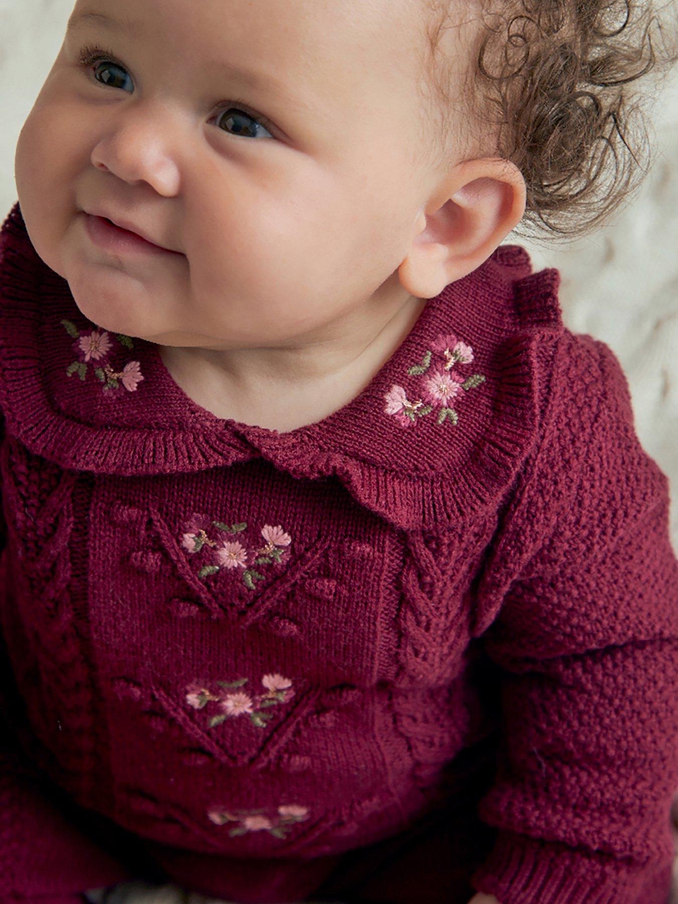 Image 6 of 6 of Mamas & Papas Baby Girls Knit Embroidered Knitted Romper - Dark Red
