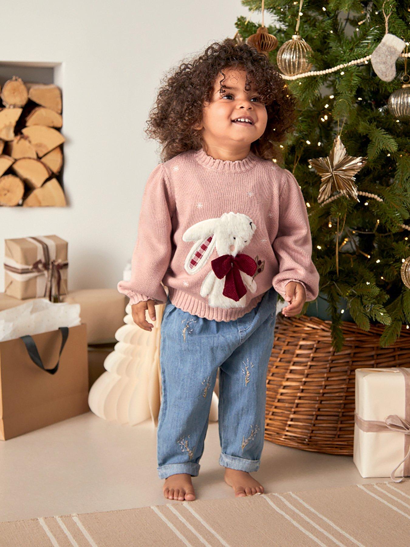  image of mamas-papas-baby-girls-bunny-christmas-jumper-pink