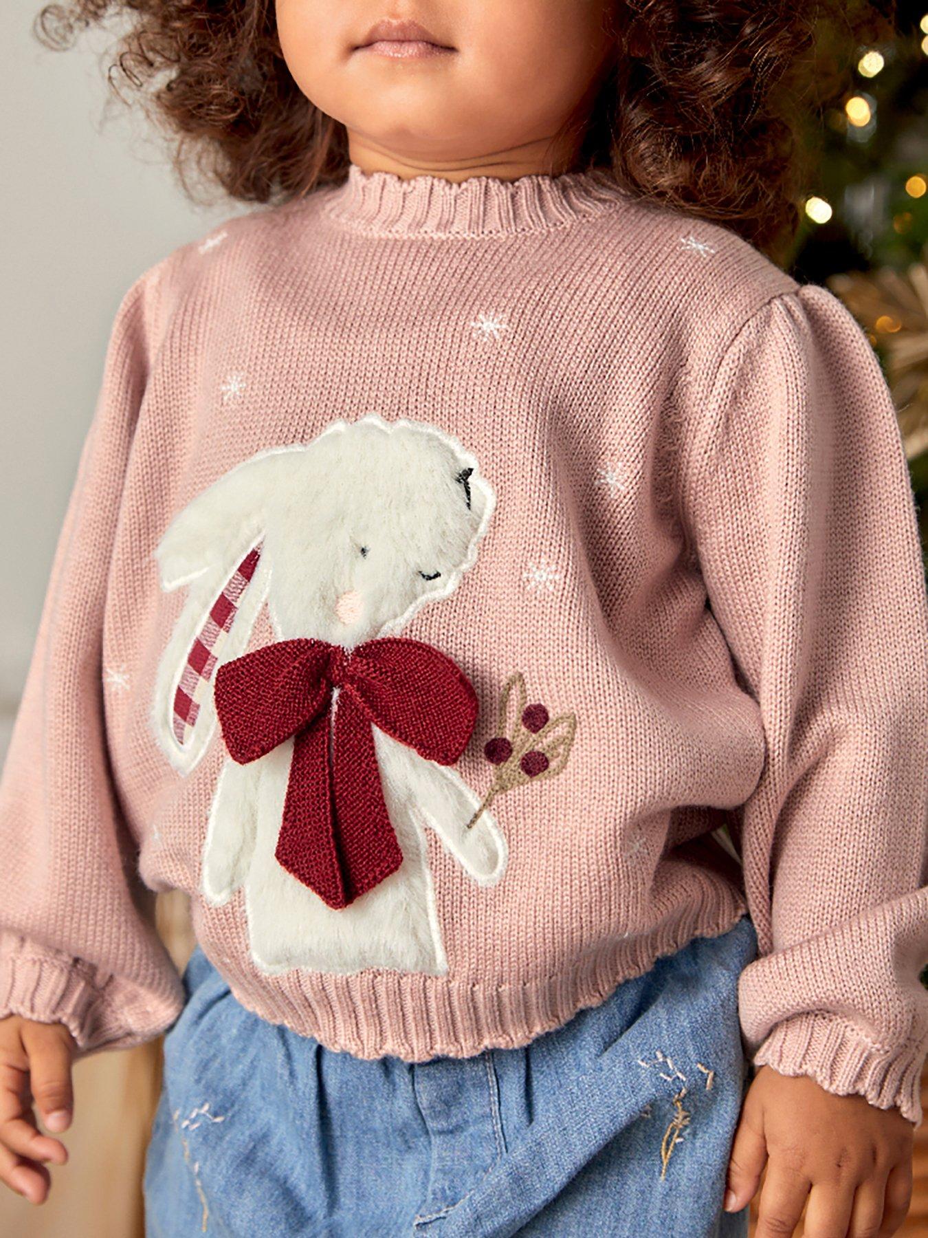  image of mamas-papas-baby-girls-bunny-christmas-jumper-pink