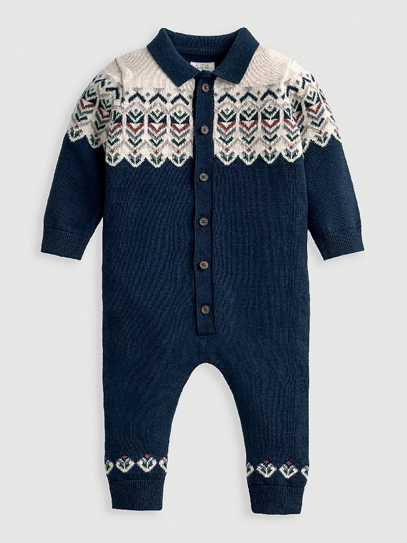  image of mamas-papas-baby-boys-jacquard-knitted-romper-with-fairisle-detail-blue