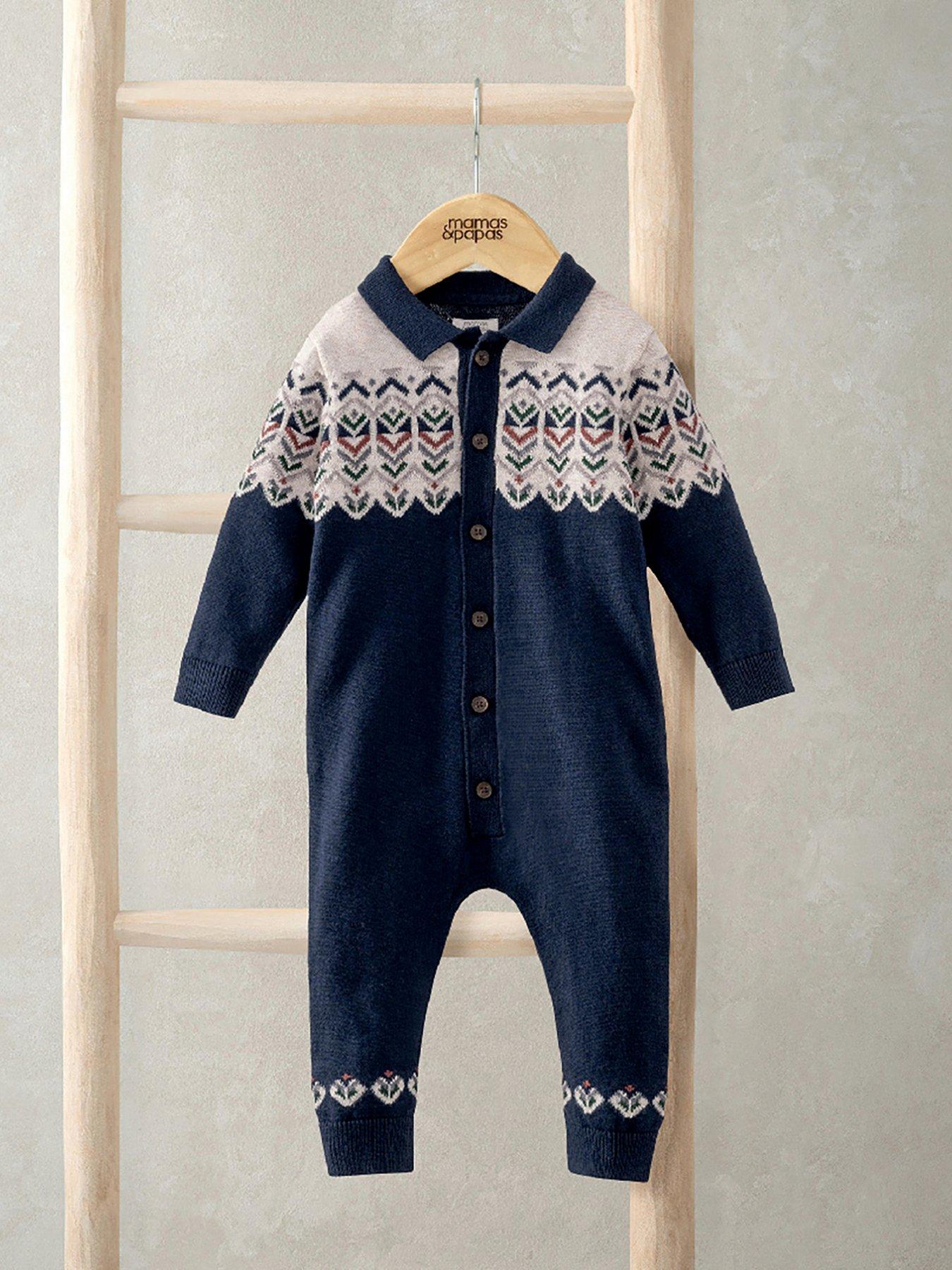  image of mamas-papas-baby-boys-jacquard-knitted-romper-with-fairisle-detail-blue
