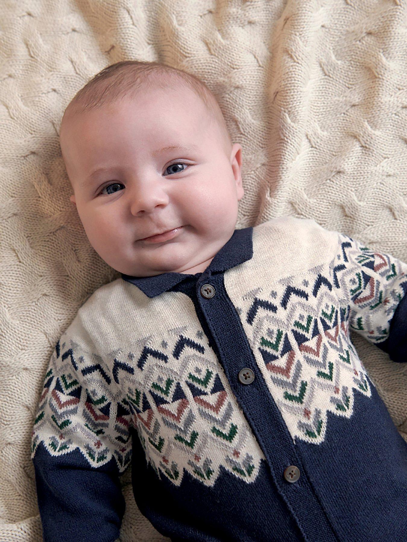  image of mamas-papas-baby-boys-jacquard-knitted-romper-with-fairisle-detail-blue