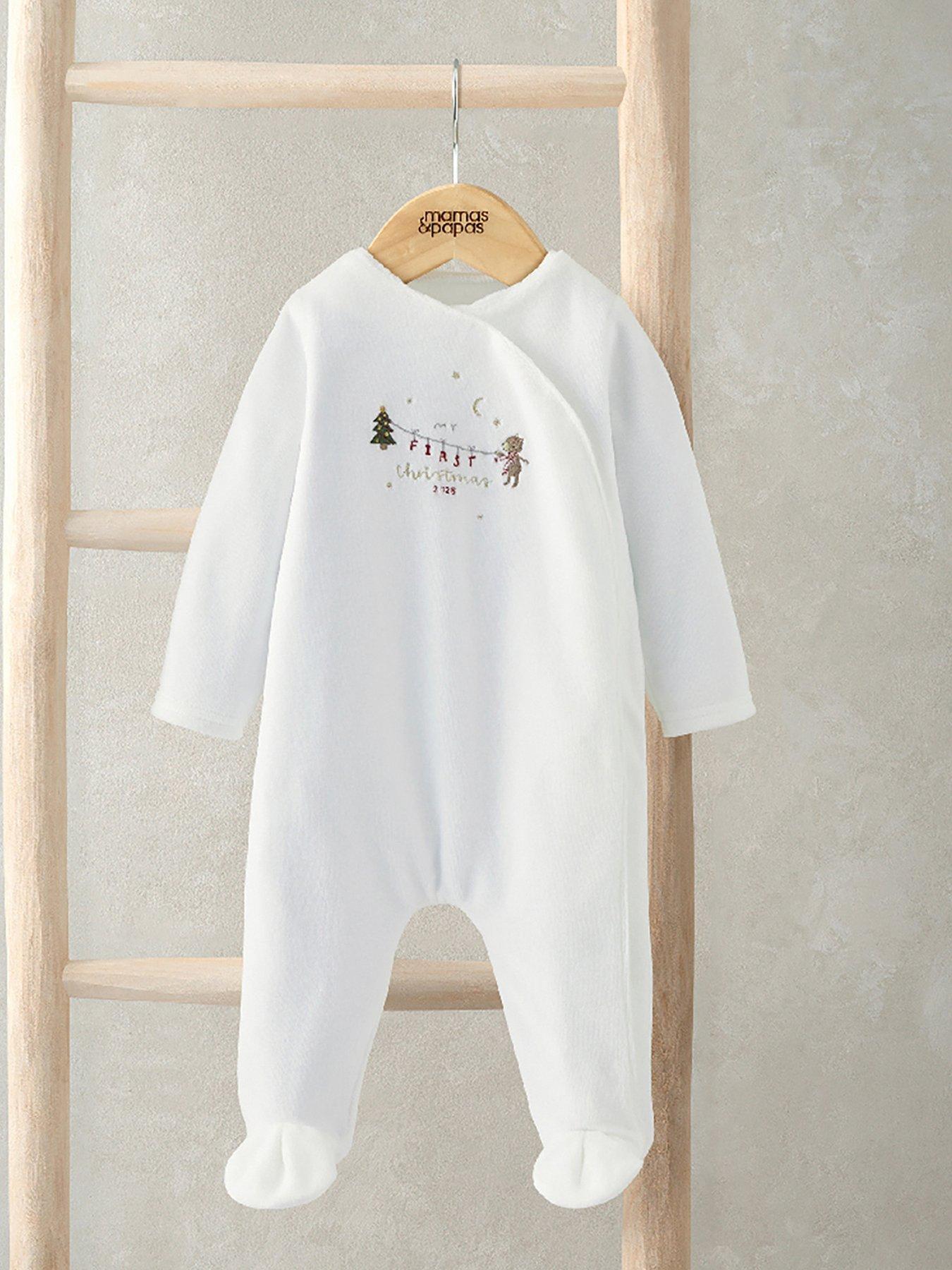  image of mamas-papas-baby-unisex-my-first-christmas-velour-sleepsuit-white