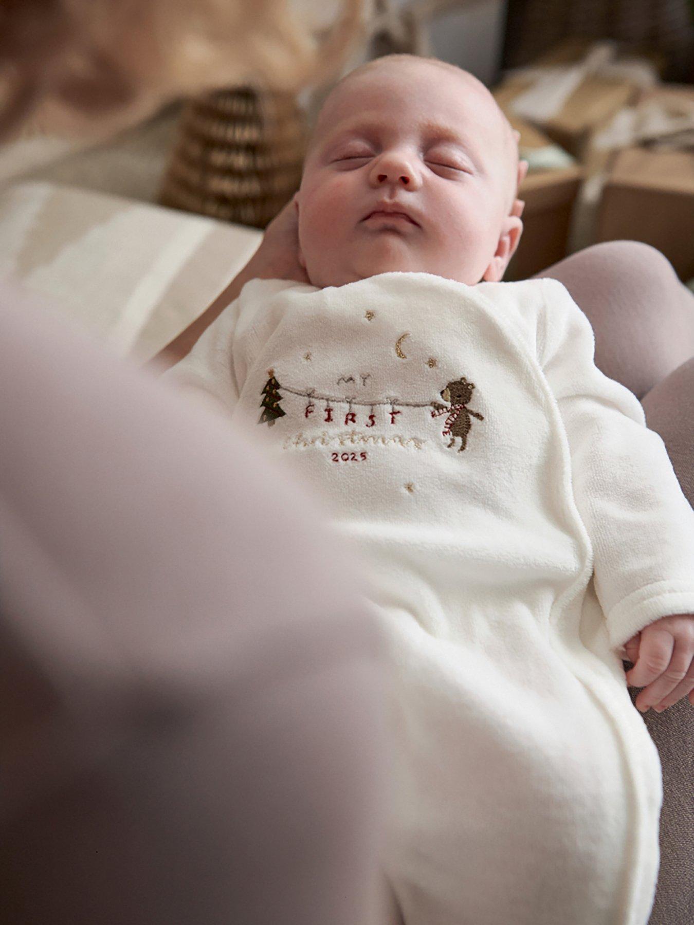  image of mamas-papas-baby-unisex-my-first-christmas-velour-sleepsuit-white