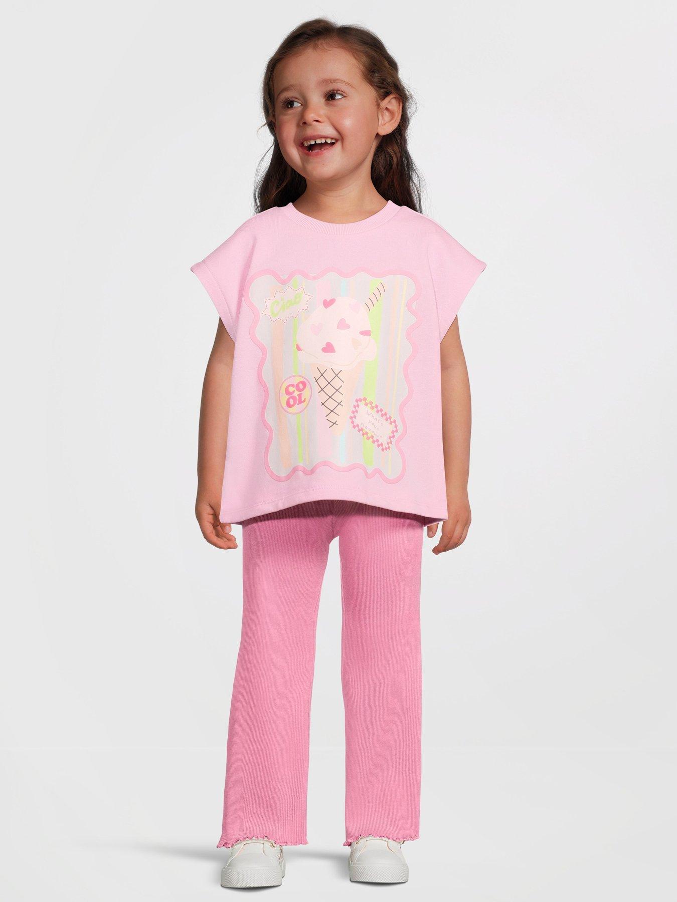 The Very Collection Girls Tshirt Ice Cream Print Outfit With Flare Rib Leggings - Pink