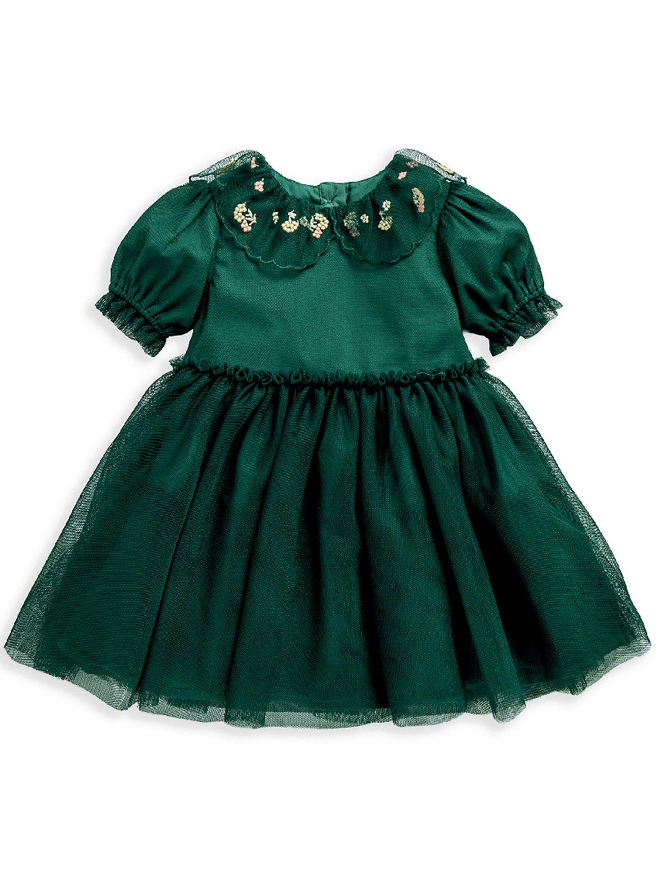 Image 4 of 6 of Mamas & Papas Baby Girls Embroidered Collar Mesh Tulle Dress - Green