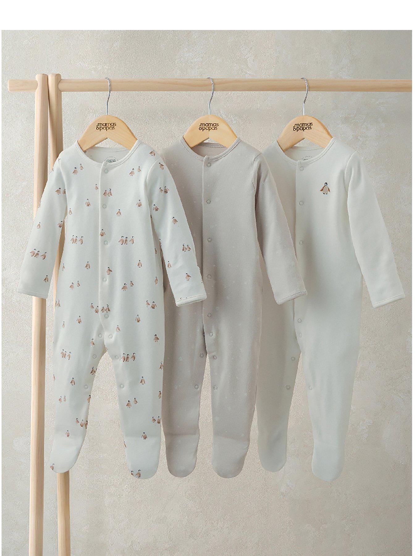  image of mamas-papas-baby-unisex-3-pack-penguin-sleepsuits-cream
