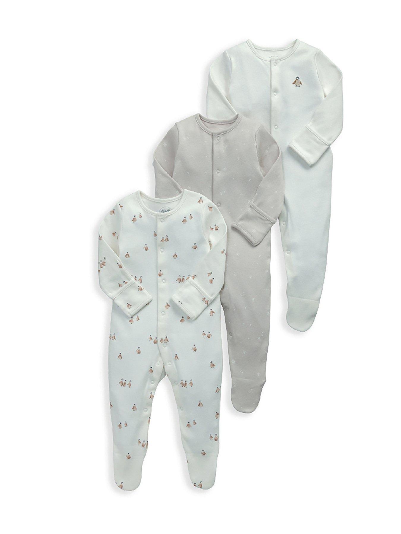  image of mamas-papas-baby-unisex-3-pack-penguin-sleepsuits-cream
