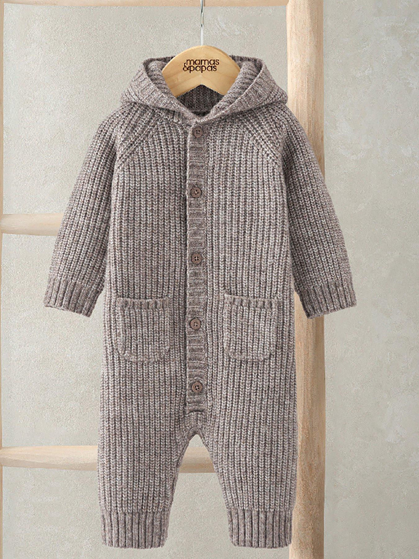  image of mamas-papas-baby-unisex-ribbed-knitted-romper-with-3d-bear-ears-cream