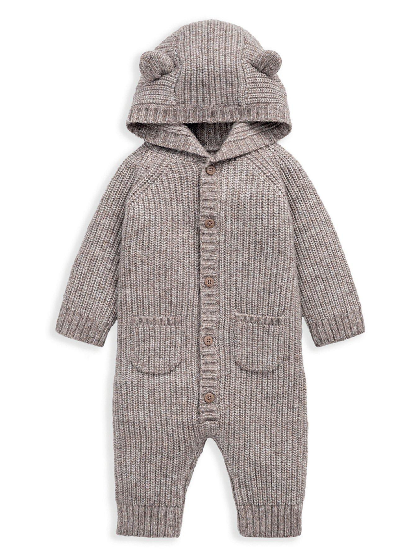 Image 2 of 2 of Mamas & Papas Baby Unisex Ribbed Knitted Romper With 3d Bear Ears - Cream