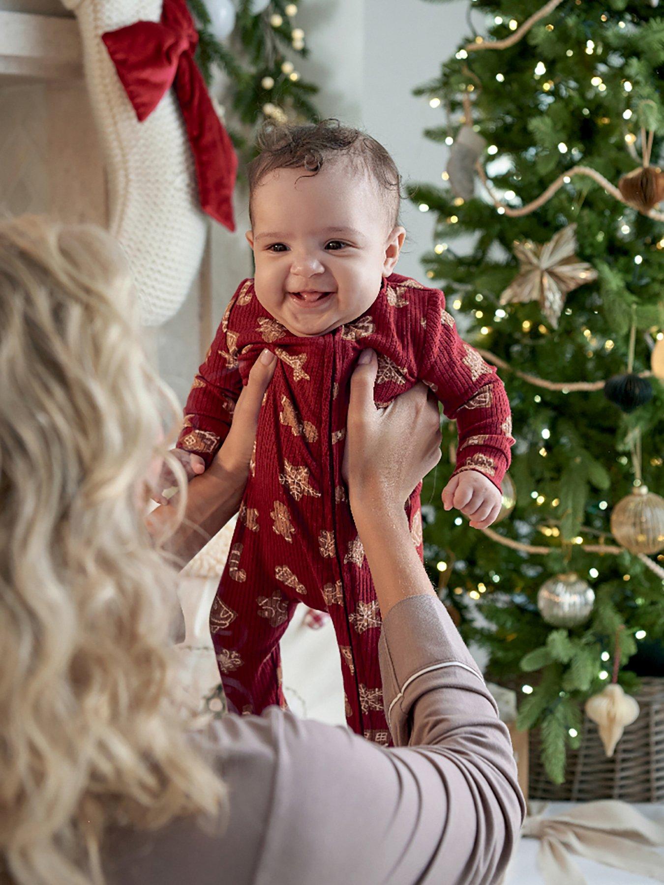  image of mamas-papas-baby-unisex-gingerbread-christmas-zip-up-sleepsuit-red