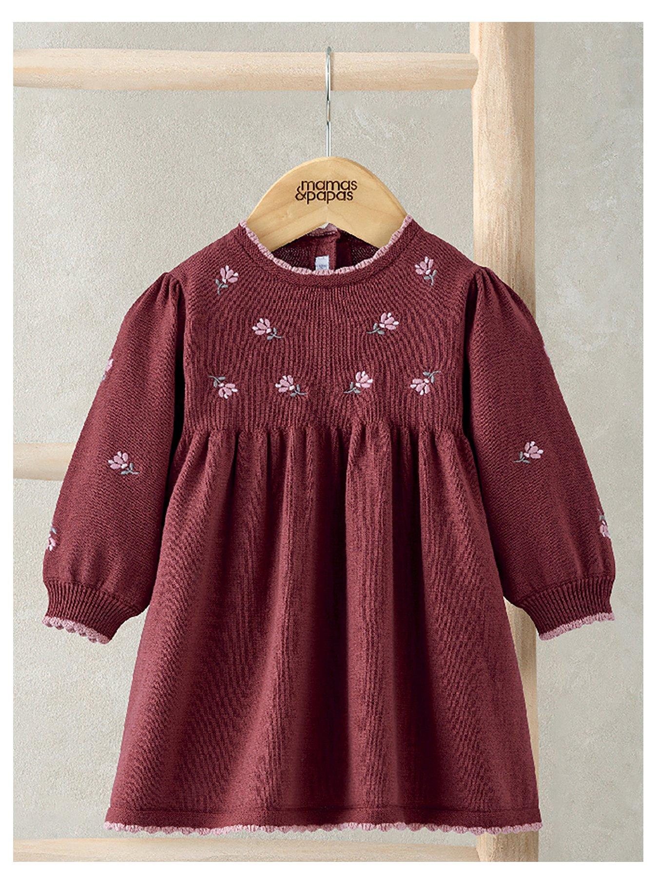 Mamas & Papas Baby Girls Floral Embroidered Knitted Dress - Red