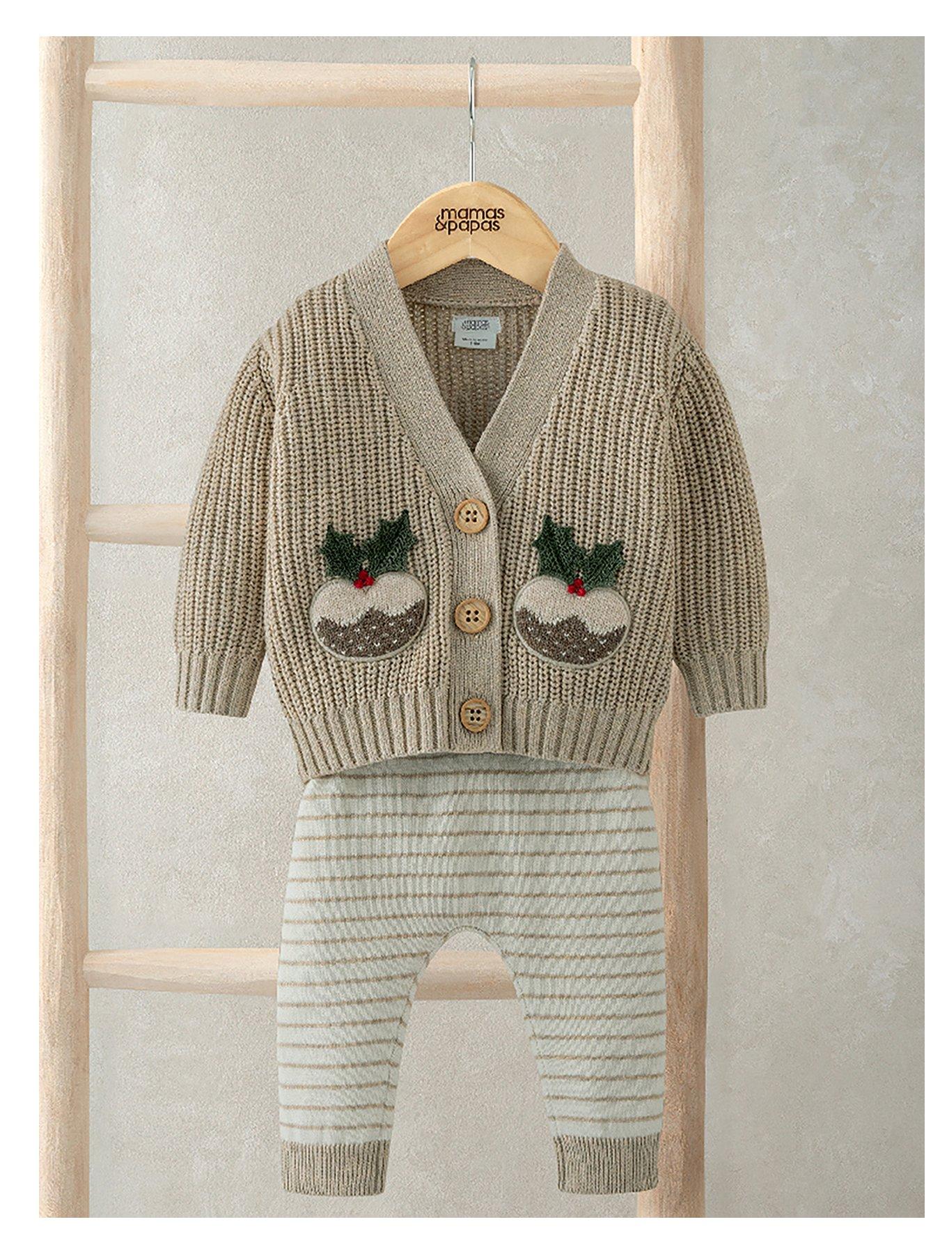  image of mamas-papas-baby-unisex-little-pudding-christmas-cardigan-amp-leggings-knit-set-cream