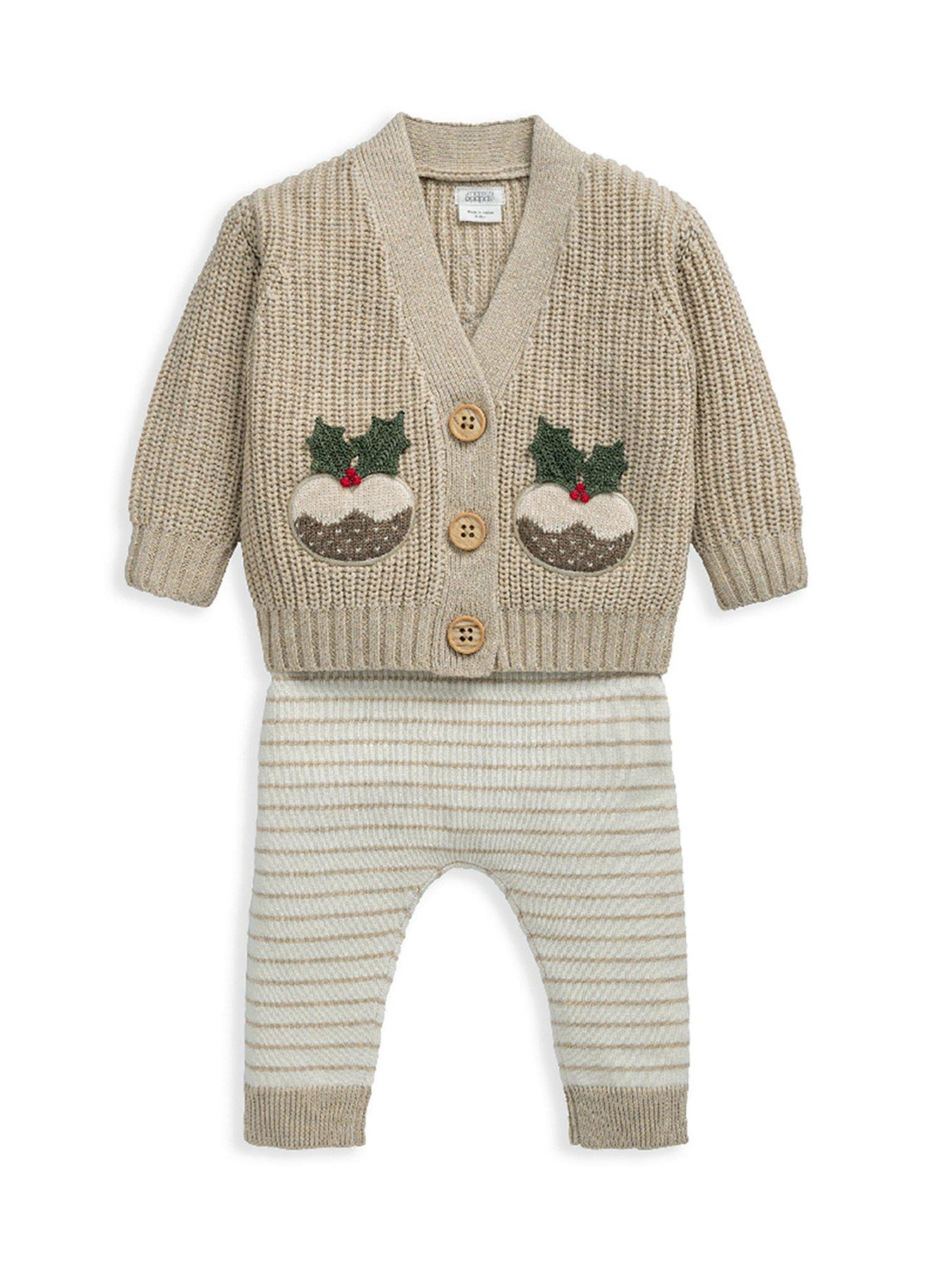  image of mamas-papas-baby-unisex-little-pudding-christmas-cardigan-amp-leggings-knit-set-cream