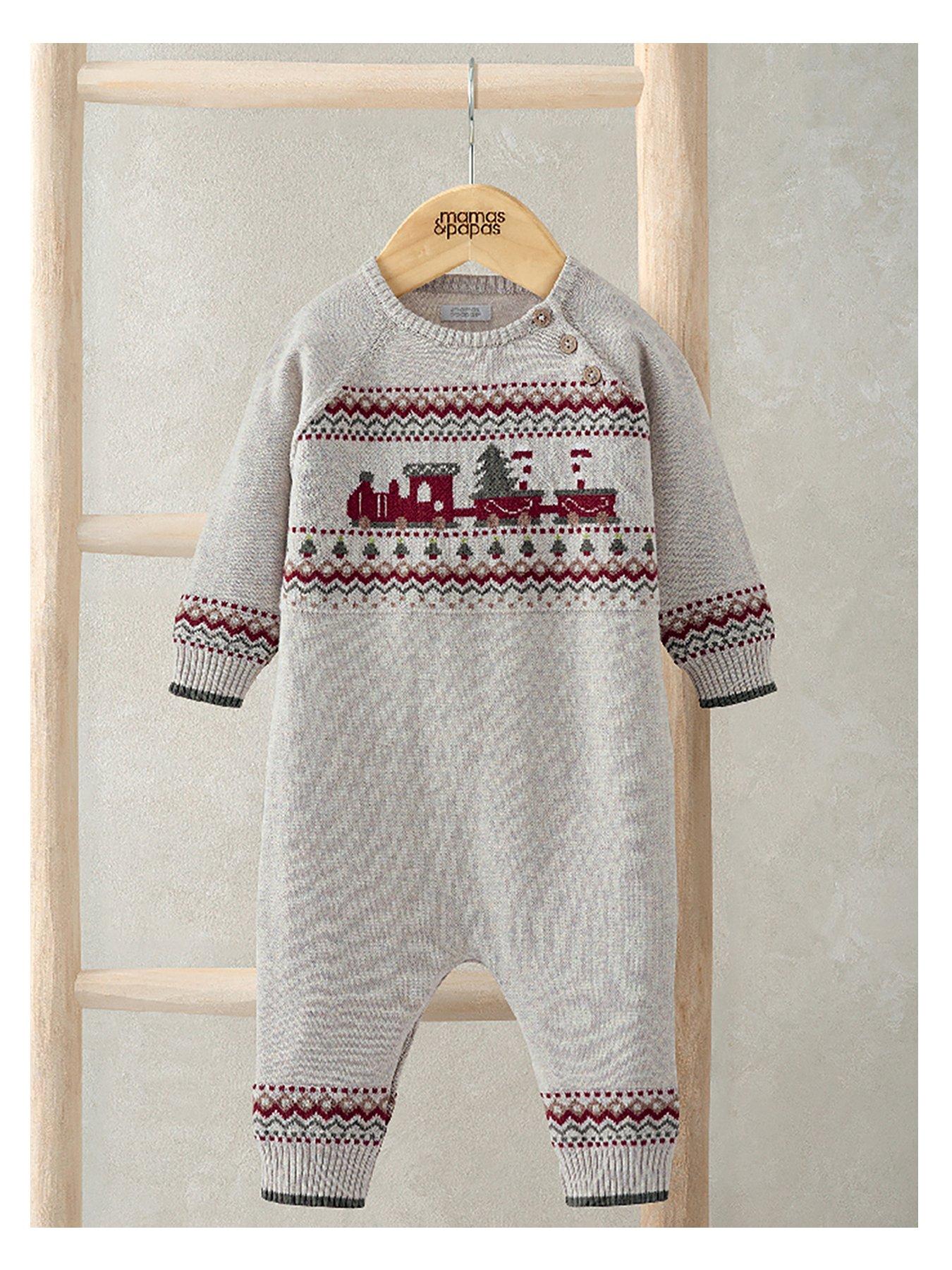Mamas & Papas Baby Unisex Christmas Train Knitted Romper - Cream