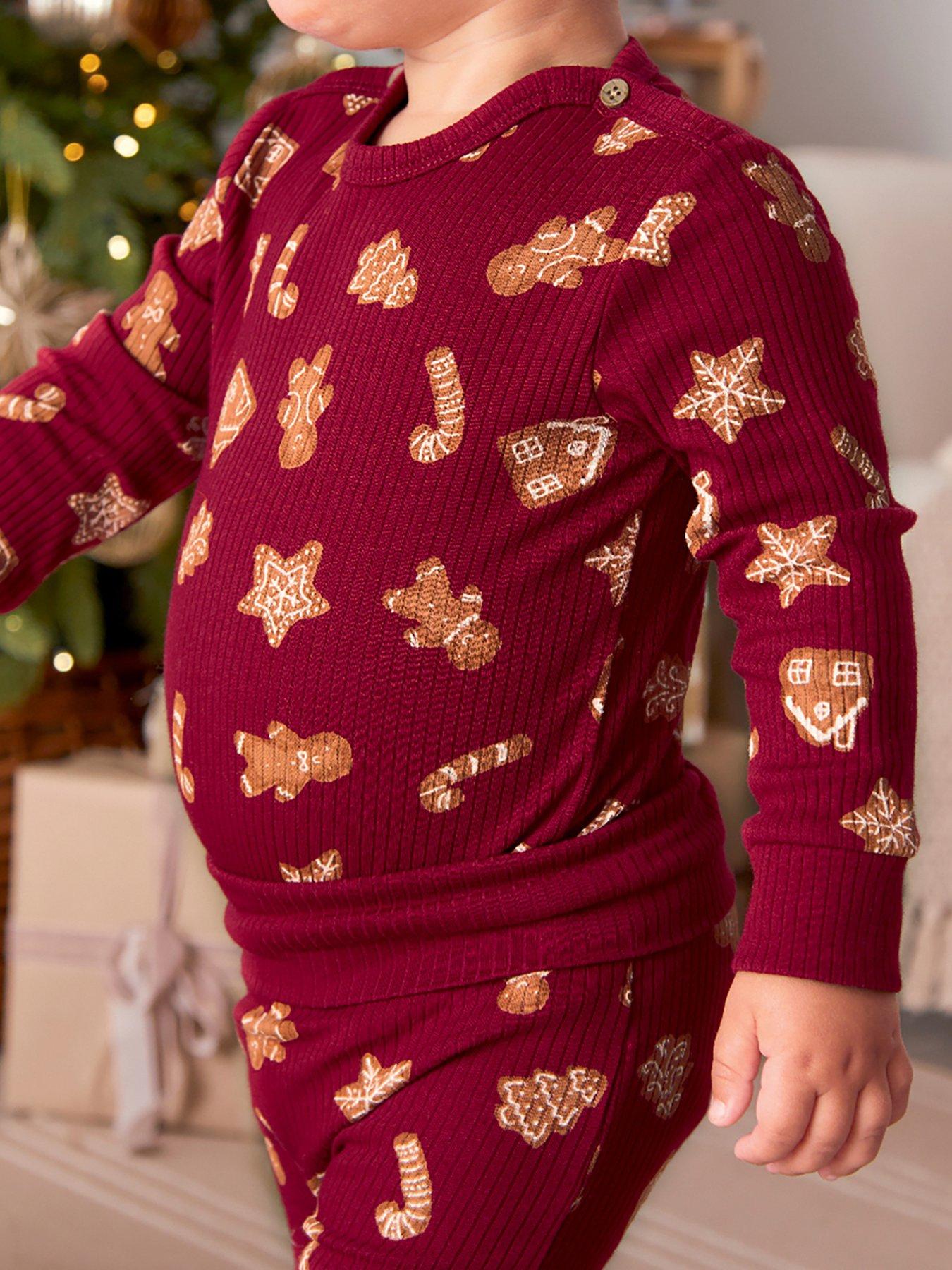  image of mamas-papas-baby-unisex-gingerbread-print-christmas-top-amp-leggings-set-red