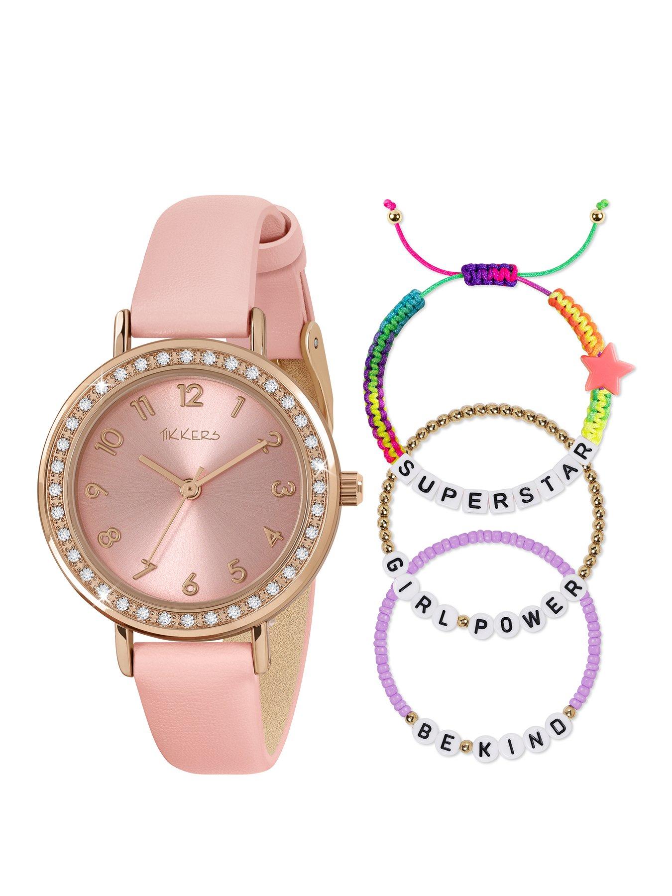 Image 1 of 7 of Tikkers Rose gold stone set case with pink strap and friendship bracelet set]