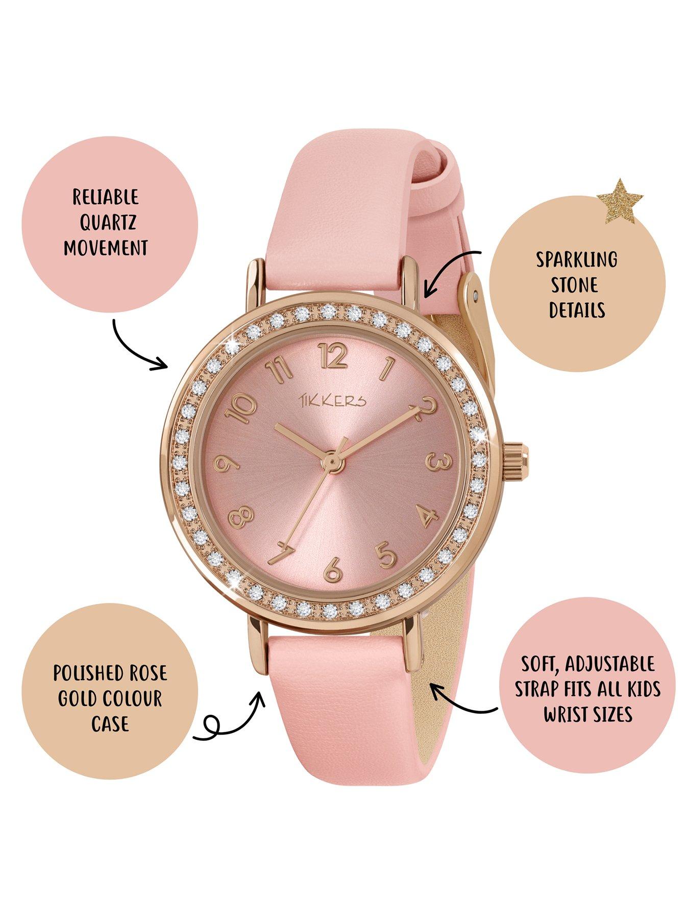  image of tikkers-rose-gold-stone-watchnbspset-case-with-pink-strap-and-friendship-bracelet-set