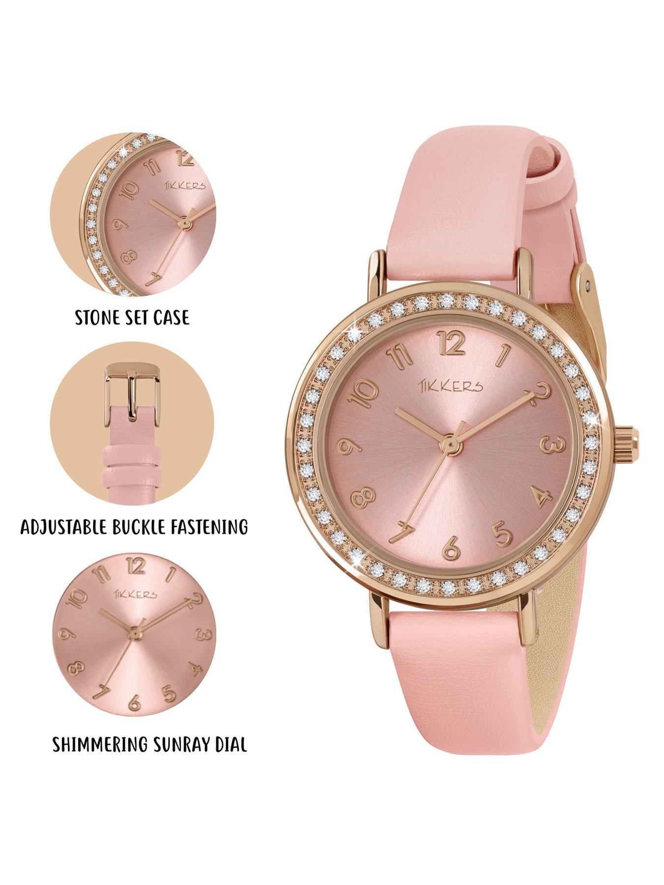 Image 3 of 7 of Tikkers Rose gold stone set case with pink strap and friendship bracelet set]
