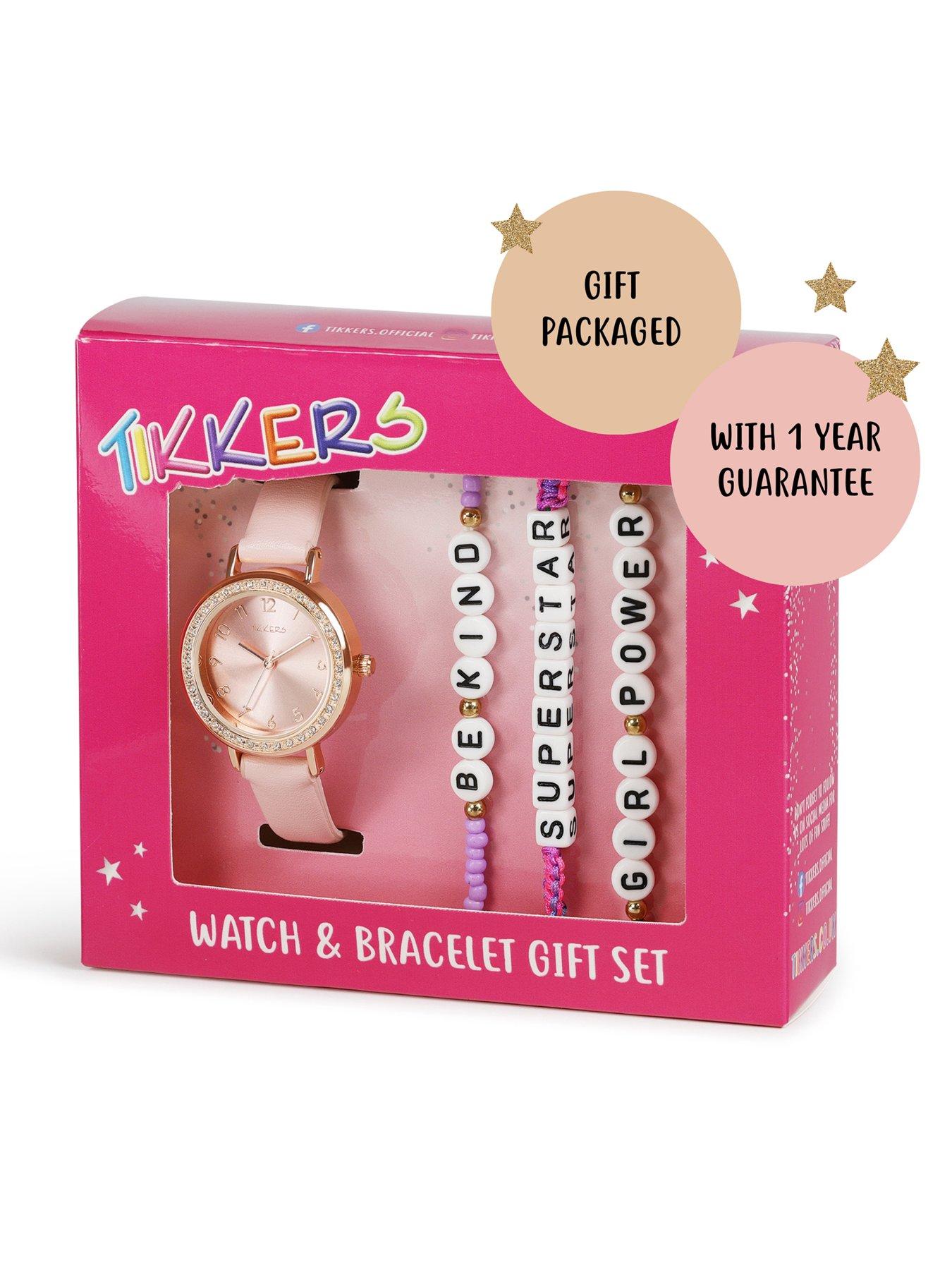 Image 7 of 7 of Tikkers Rose gold stone set case with pink strap and friendship bracelet set]