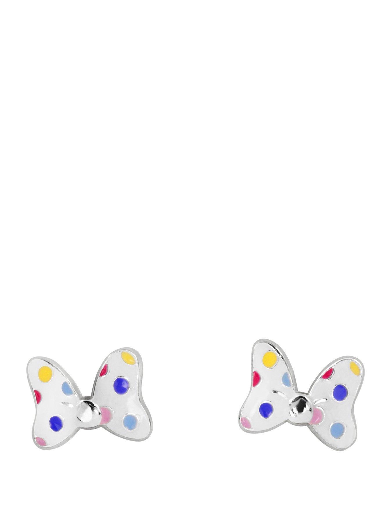 Disney STERLING SILVER 925 MINNIE MOUSE ENAMEL FILL POLKA DOT BOW TIE EARRINGS
