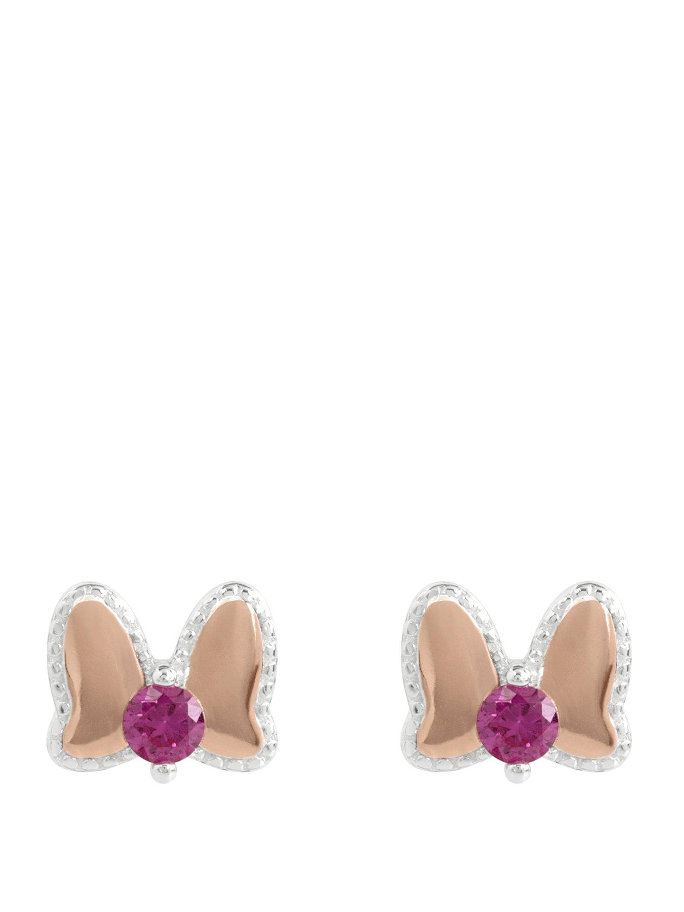 Disney STERLING SILVER 925 PINK ENAMEL BOW STONE SET EARRINGS