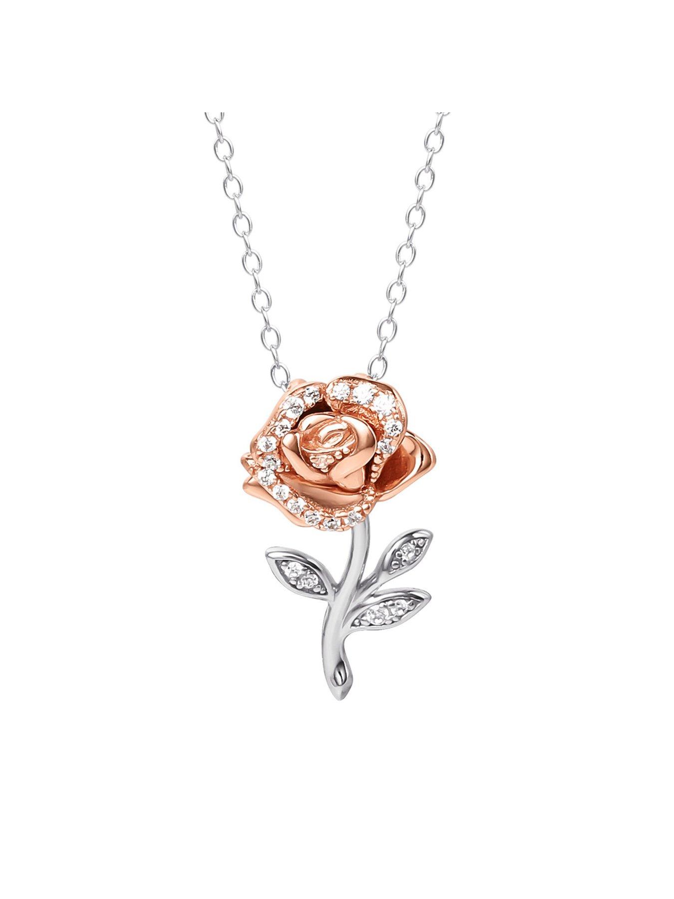  image of disney-sterling-silver-925-beauty-amp-beast-stone-set-rose-necklacenbsp