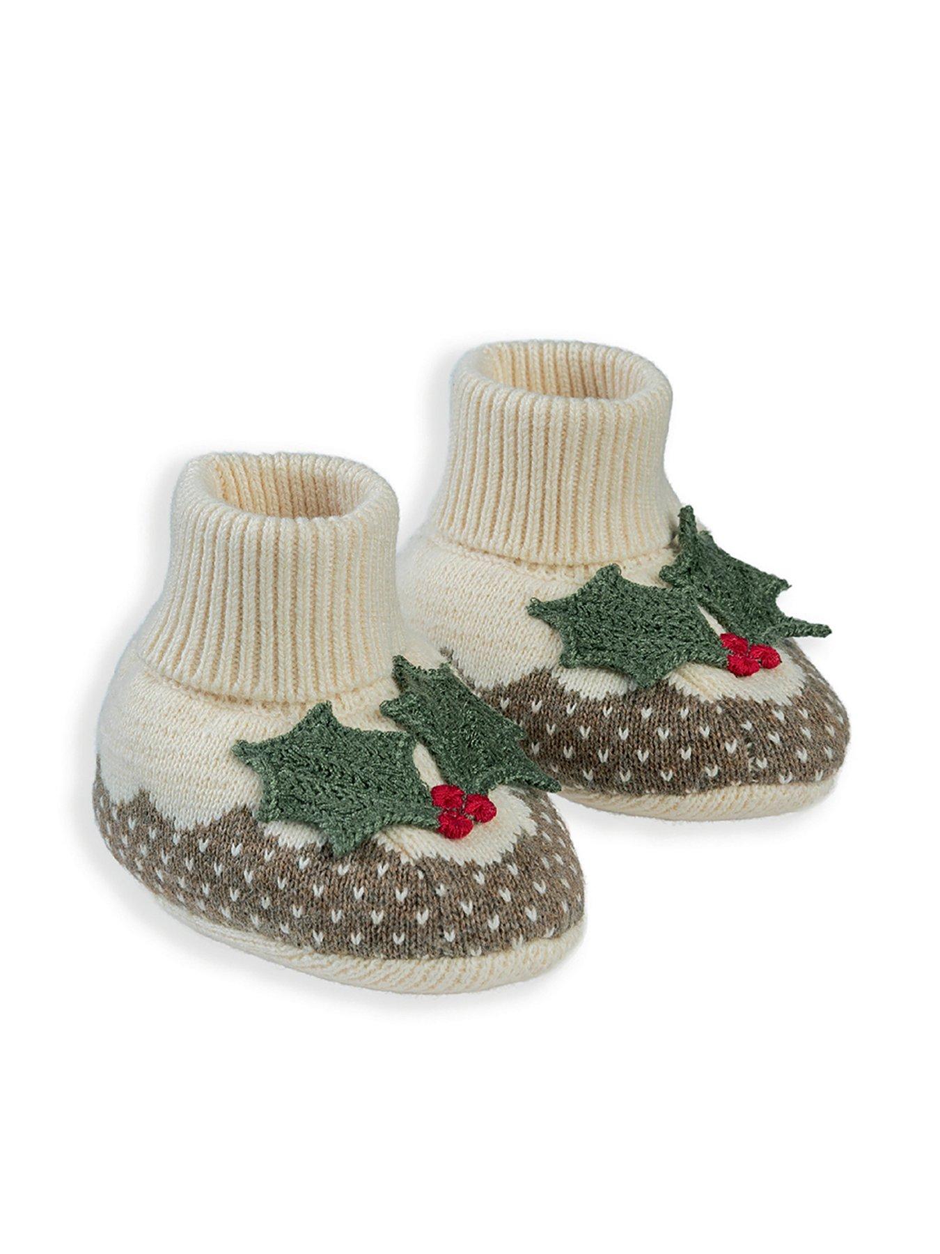  image of mamas-papas-baby-unisex-christmas-pudding-booties-beige