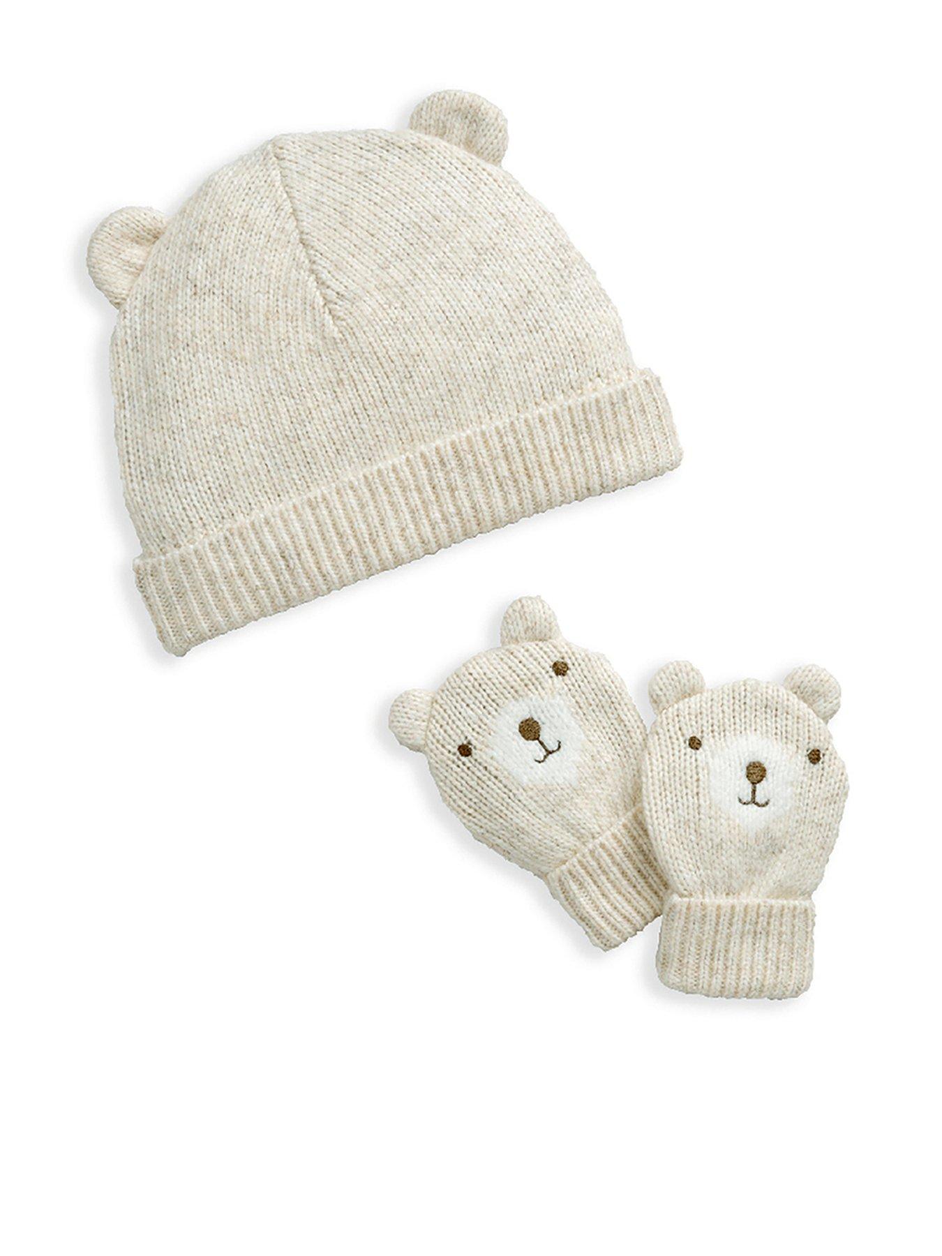  image of mamas-papas-baby-unisex-knitted-hat-and-mitts-set-cream