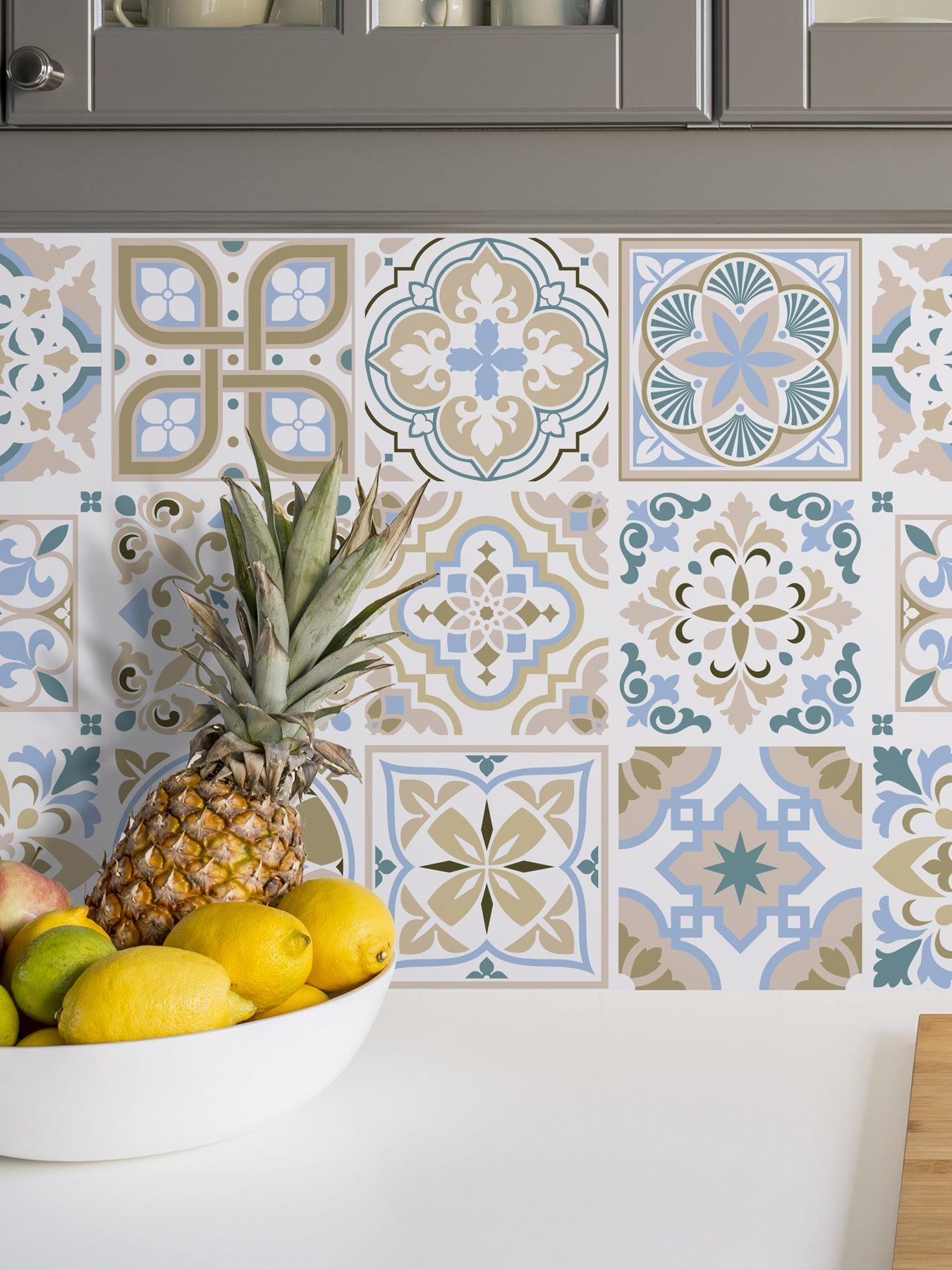 Walplus Light Sapphire and Parchment colour Traditional Spanish Tiles Wall Stickers - 15 cm x 15 cm - 24 pcs