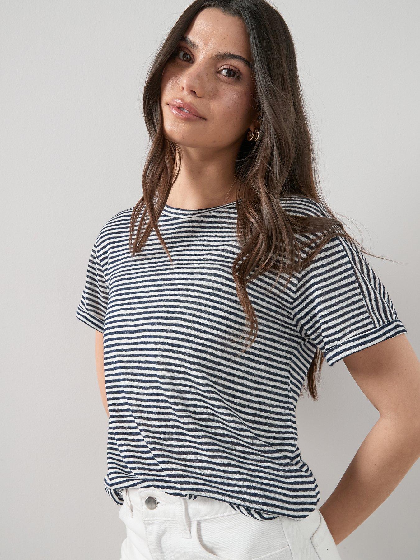 The Very Collection Navy Stripe Linen Mix T-Shirt - Multi