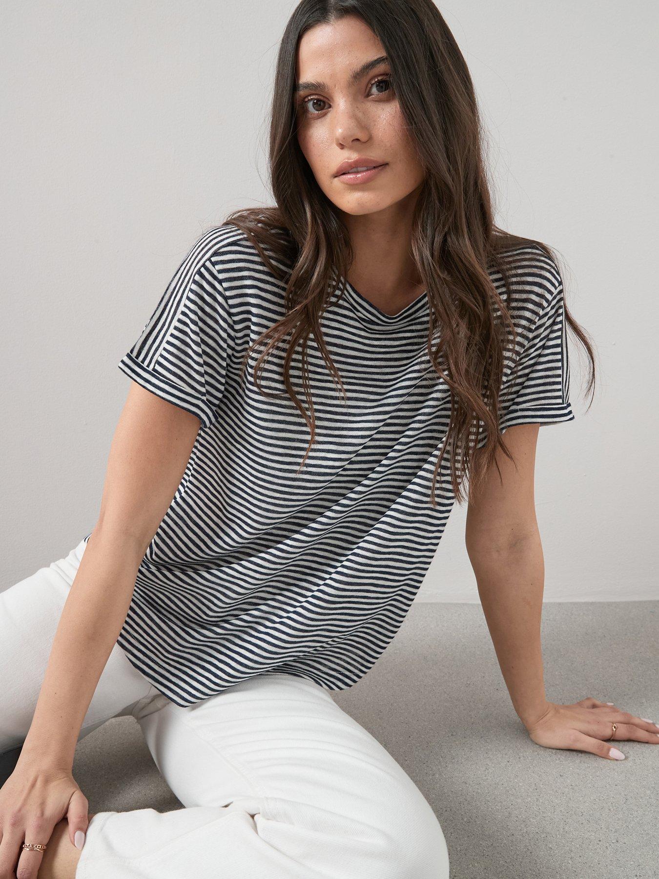 Image 4 of 6 of The Very Collection Navy Stripe Linen Look Tshirt