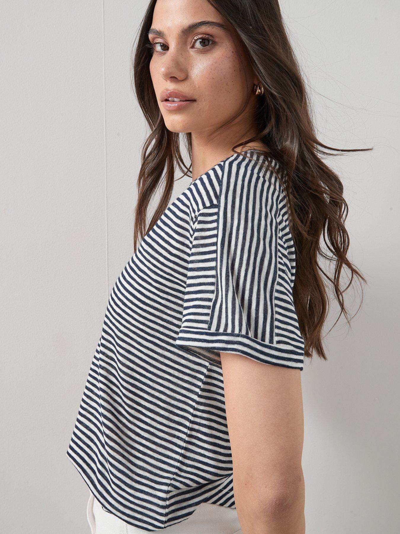 Image 5 of 6 of The Very Collection Navy Stripe Linen Look Tshirt