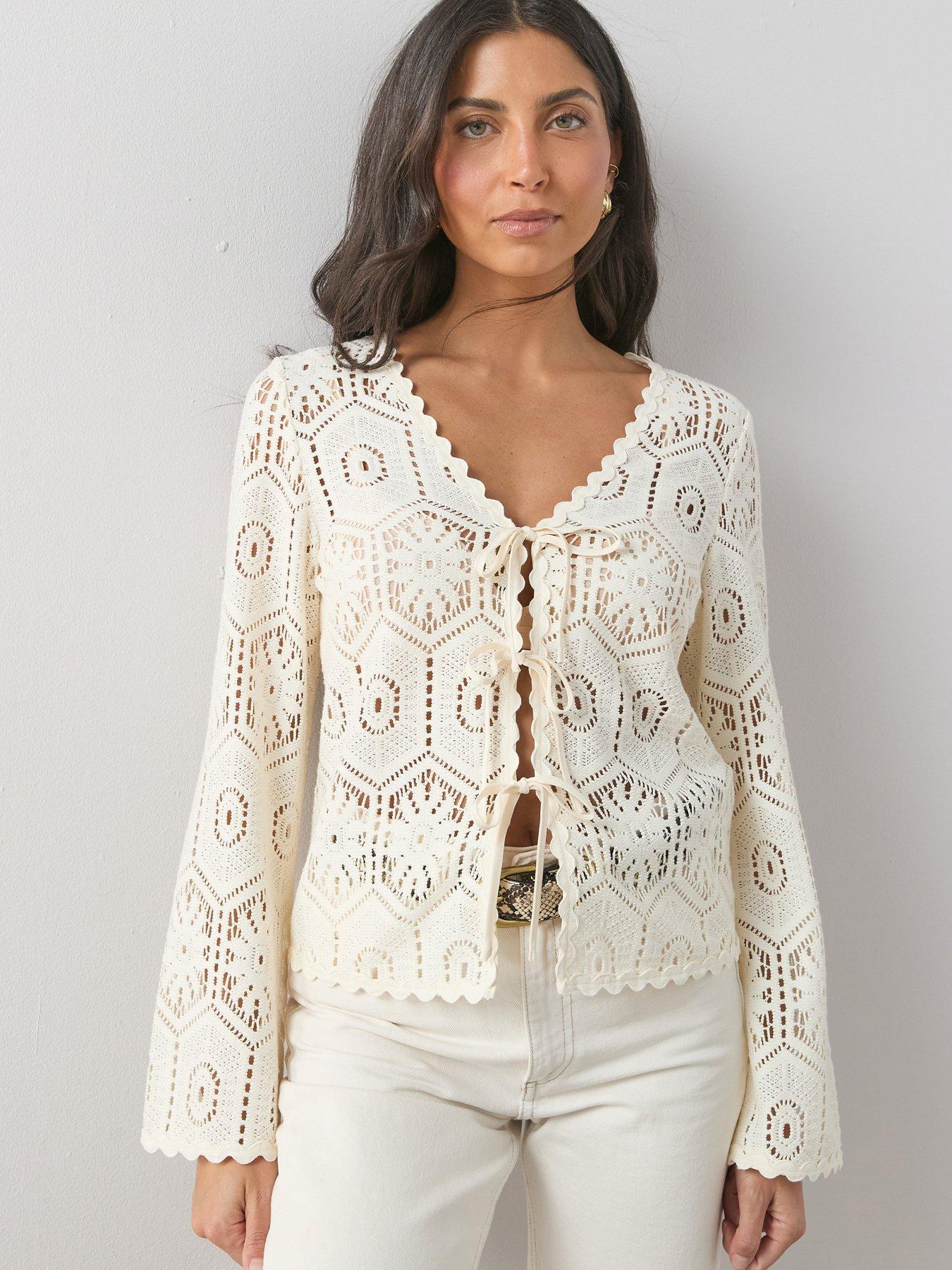 The Very Collection Long Sleeve Tie Up Crochet Top - Cream
