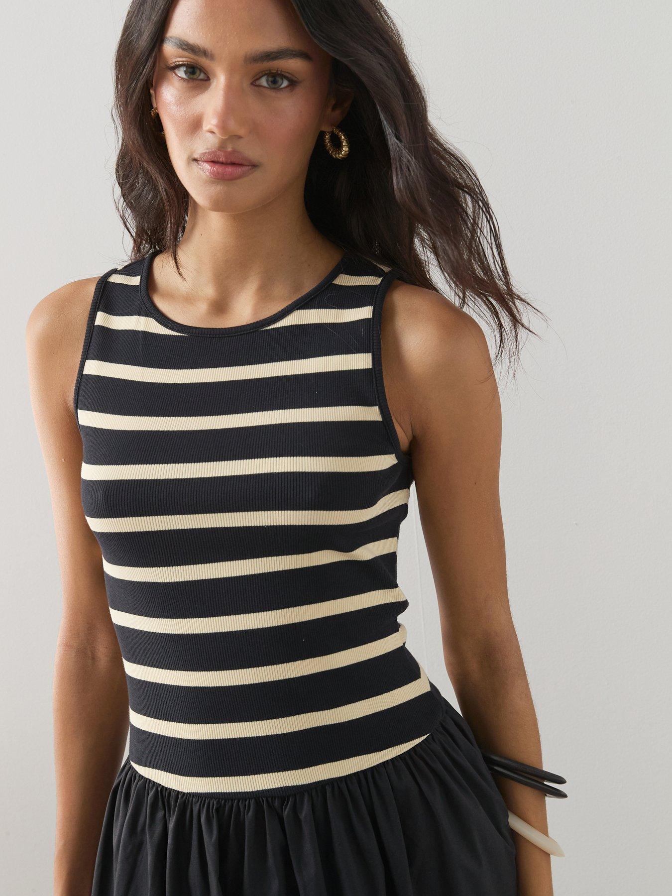  image of the-very-collection-stripe-ribbed-vest-woven-skirt-midi-dress-mono