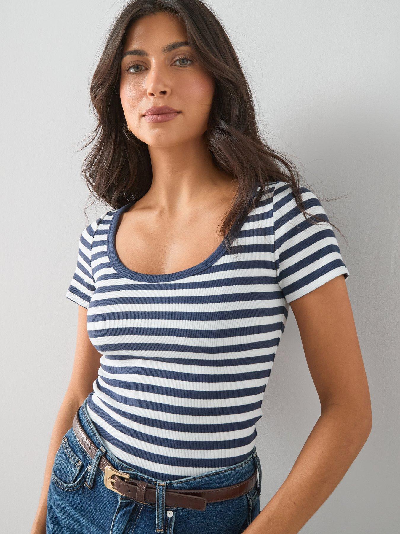 The Very Collection Stretch Rib Scoop Neck T-Shirt - Stripe