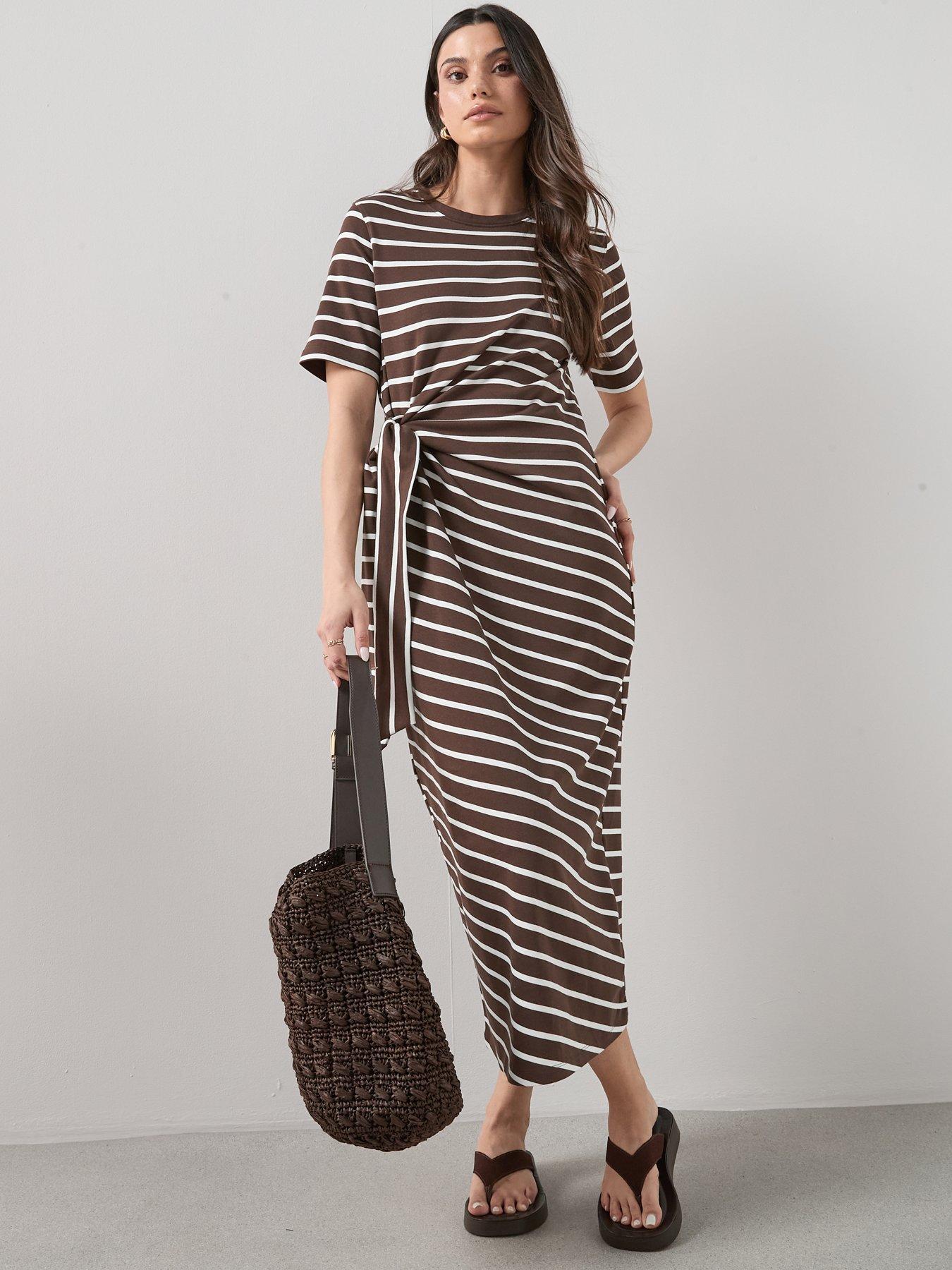 The Very Collection Tie Waist Stripe Midi Dress - Brown