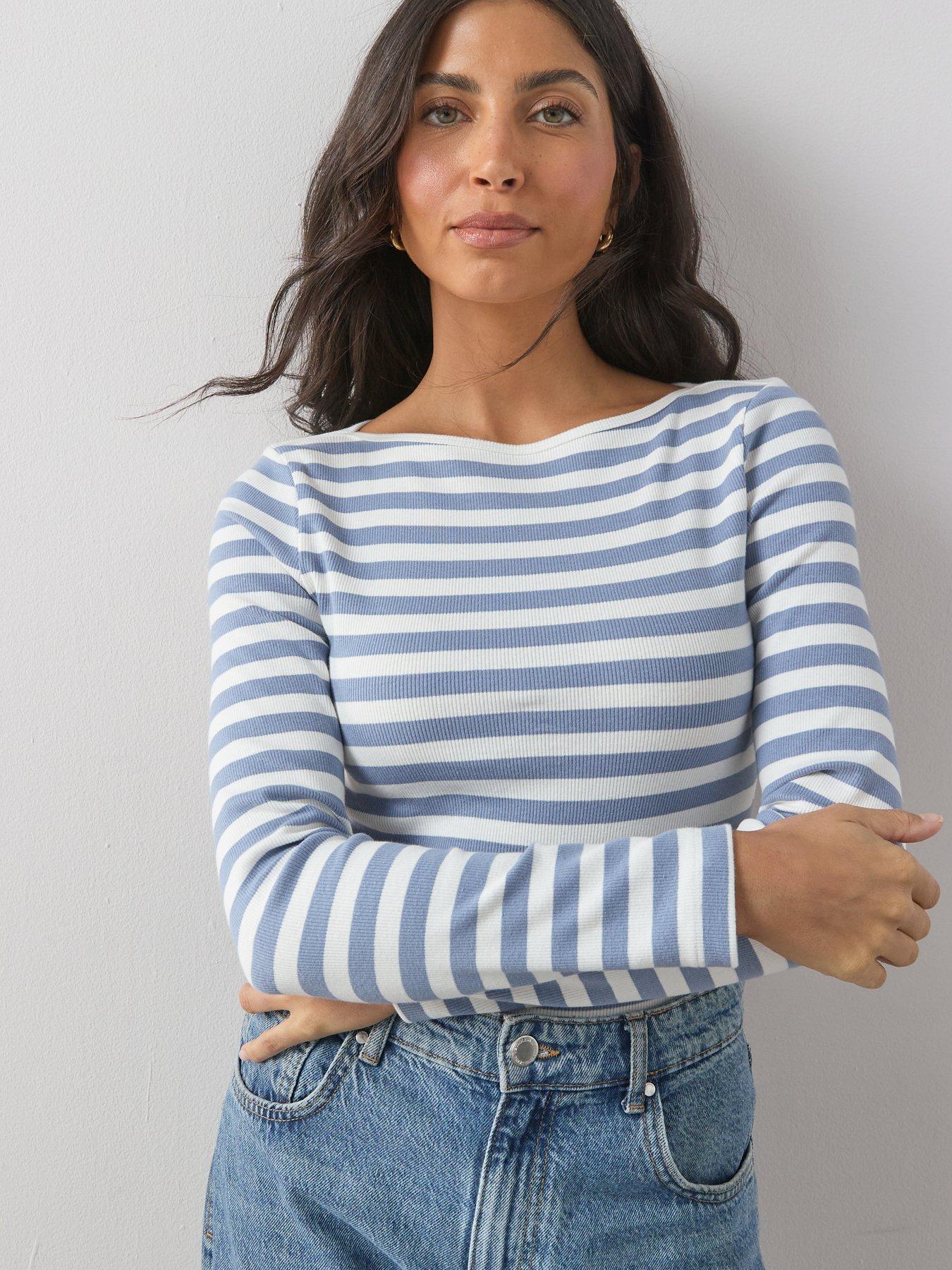 The Very Collection Boat Neck Stripe Ribbed Long Sleeve Top - Blue