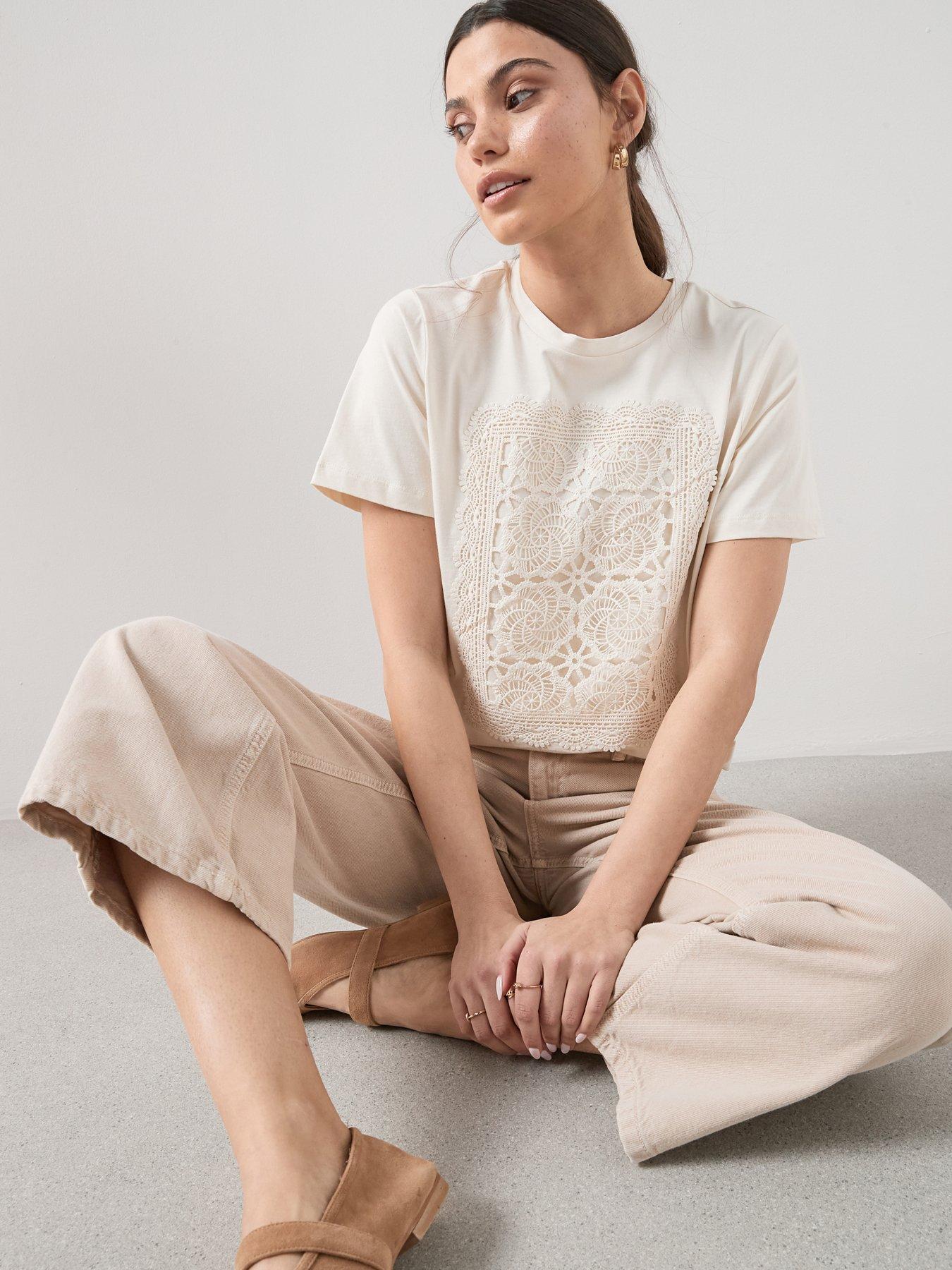 The Very Collection Crochet Panel Short Sleeve T-Shirt - Cream