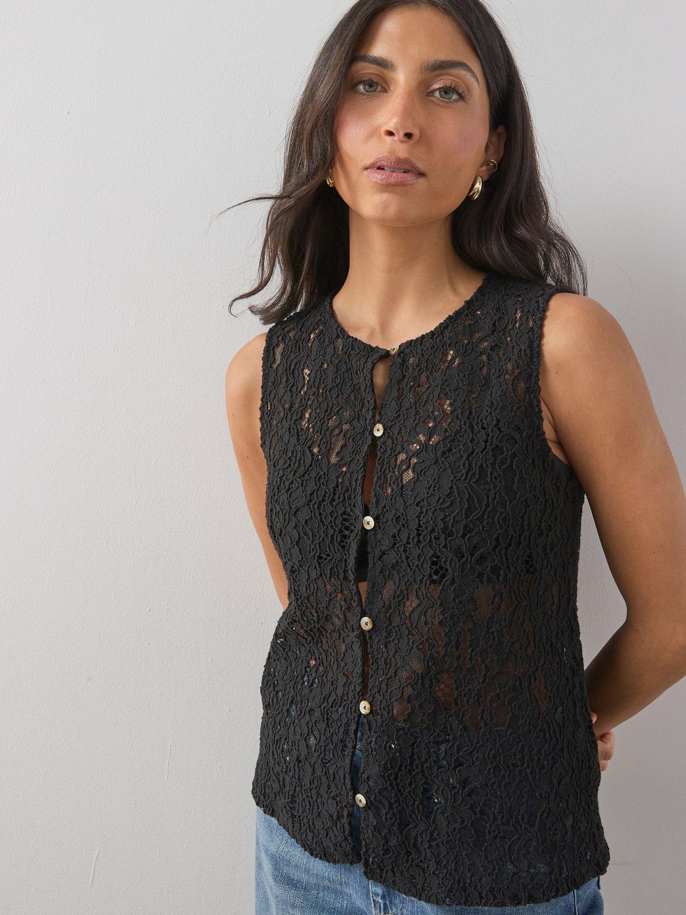 Image 1 of 6 of The Very Collection Crochet Lace Button Through Vest - Black