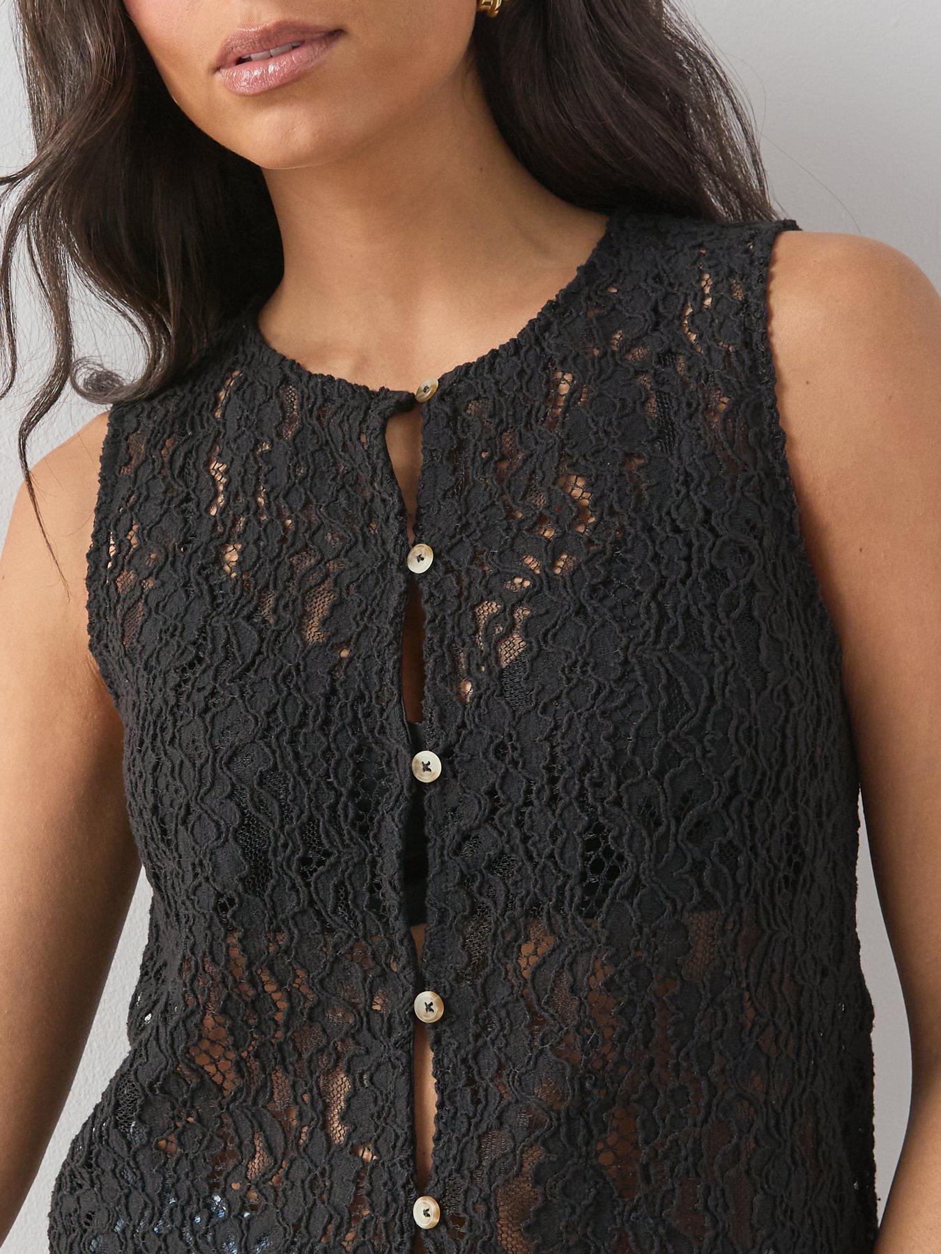 Image 4 of 6 of The Very Collection Crochet Lace Button Through Vest - Black