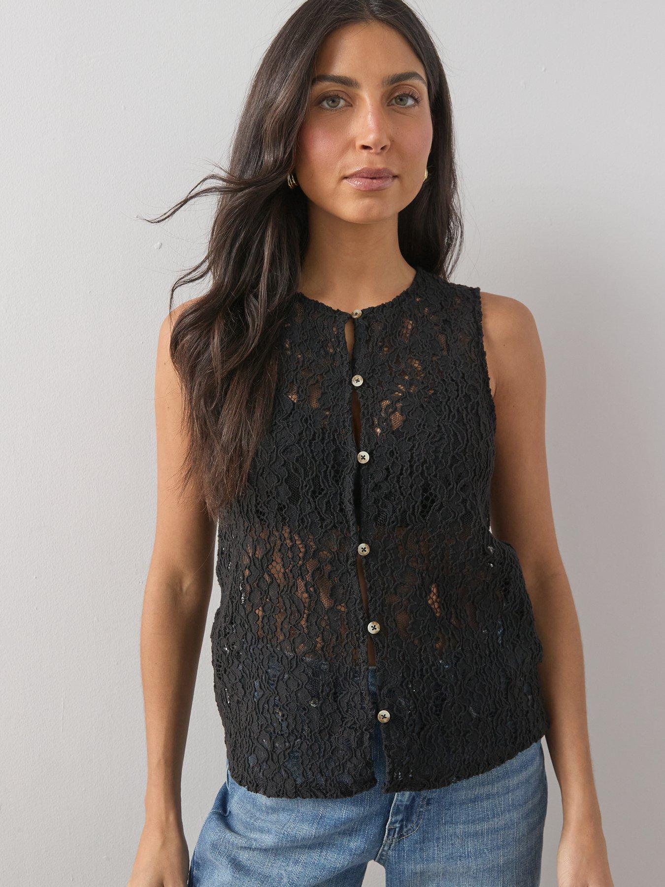 Image 5 of 6 of The Very Collection Crochet Lace Button Through Vest - Black