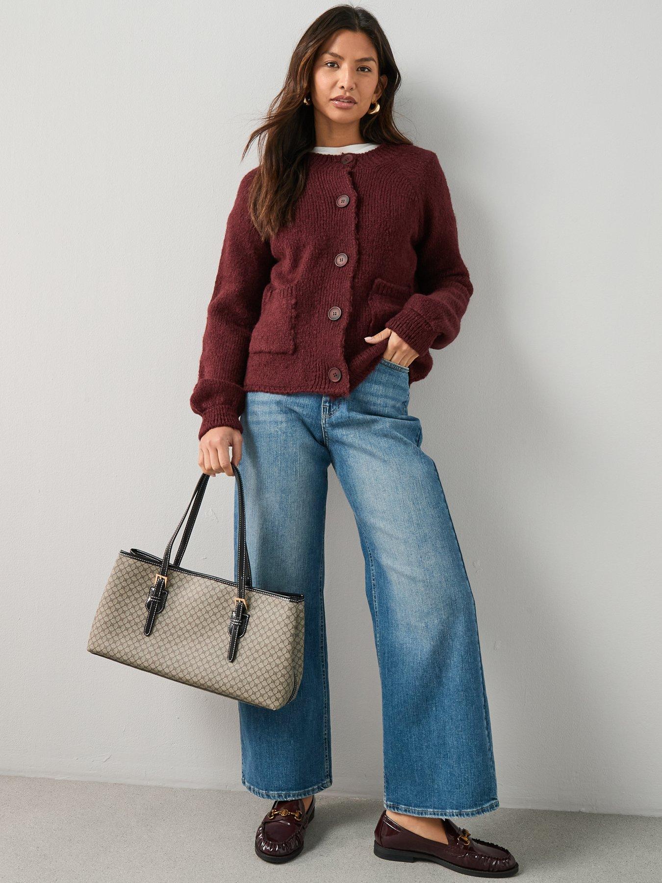 Image 3 of 6 of The Very Collection Crew Neck Cardigan With Wool - Burgundy