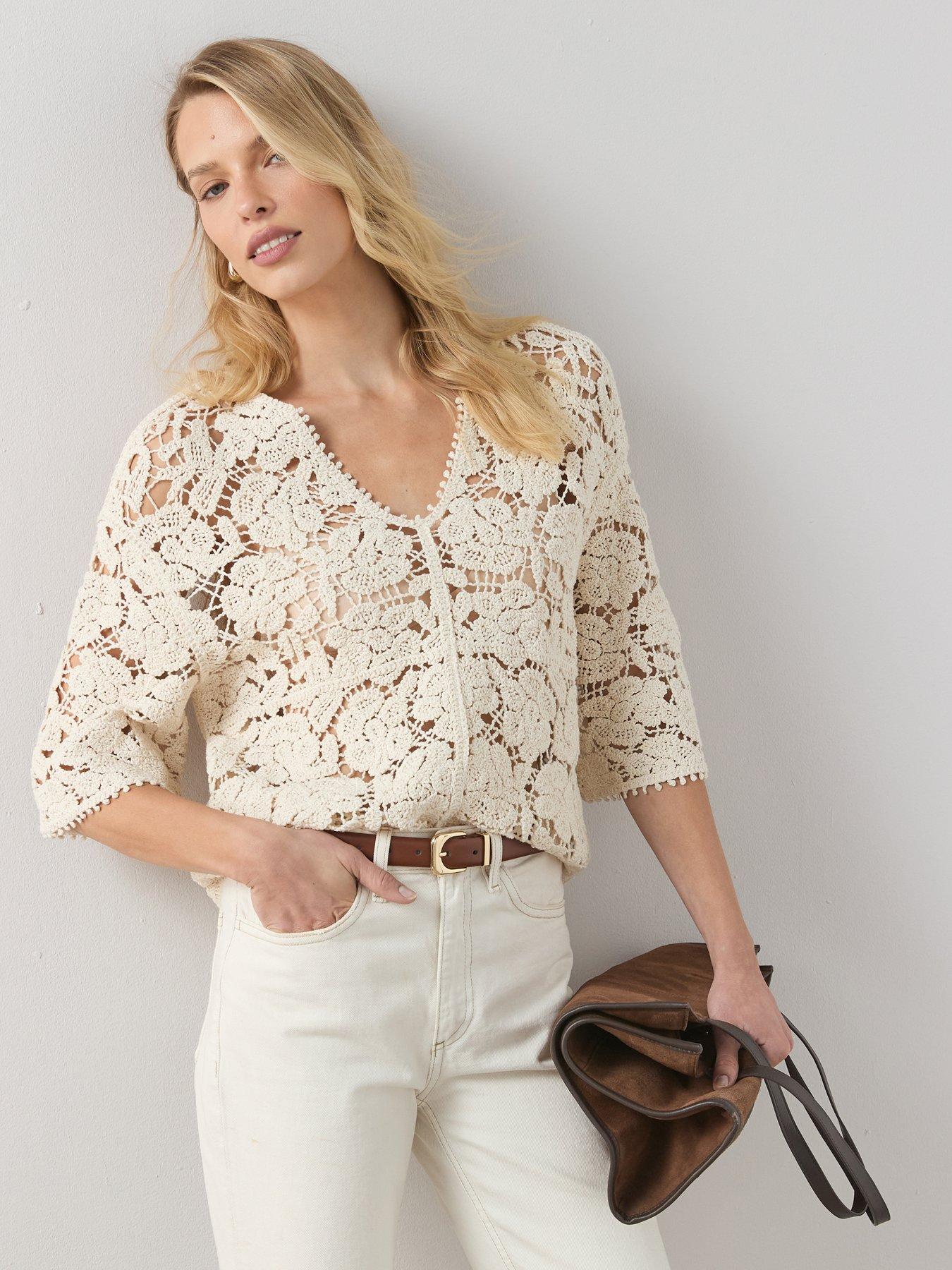 The Very Collection Oversized Crochet V Neck Top - Cream
