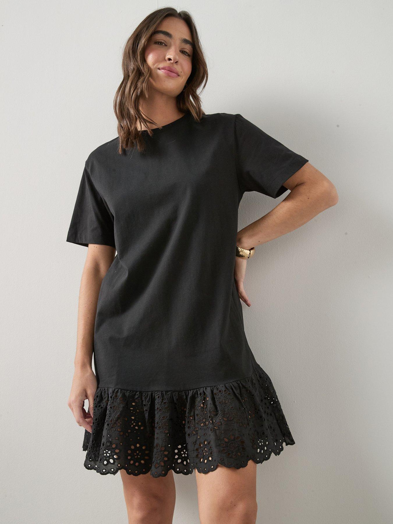 The Very Collection Embroidered Hem T-Shirt Dress - Black