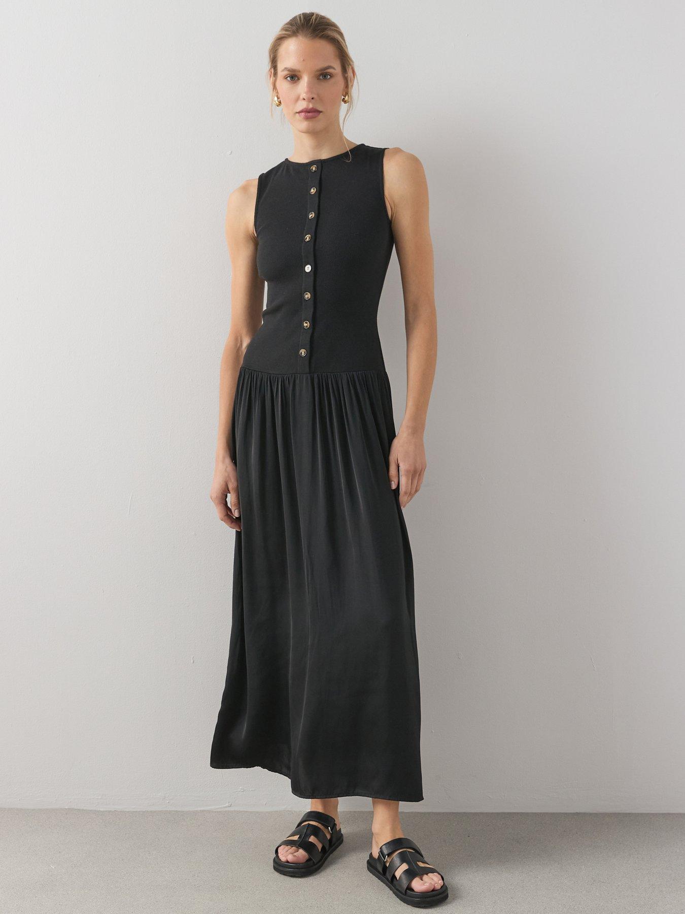 Image 1 of 6 of The Very Collection Button Front Ribbed Maxi Dress - Black
