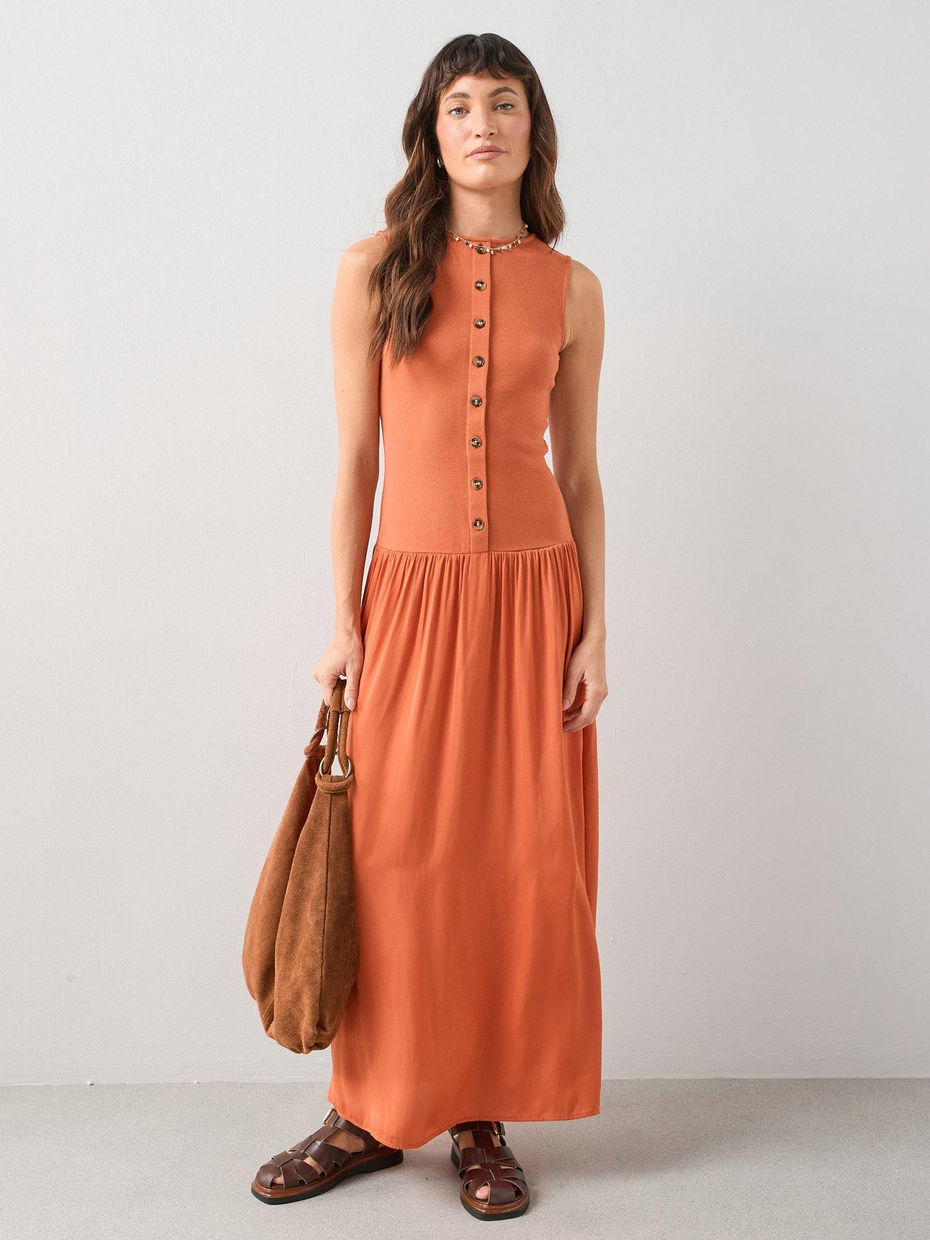  image of the-very-collection-button-through-ribbed-maxi-dress-orange
