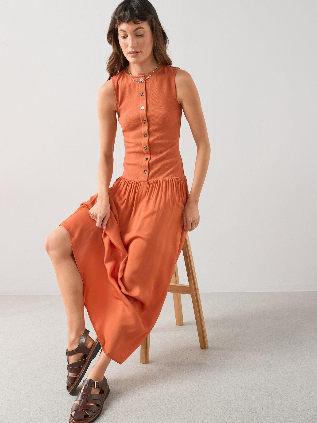  image of the-very-collection-button-through-ribbed-maxi-dress-orange