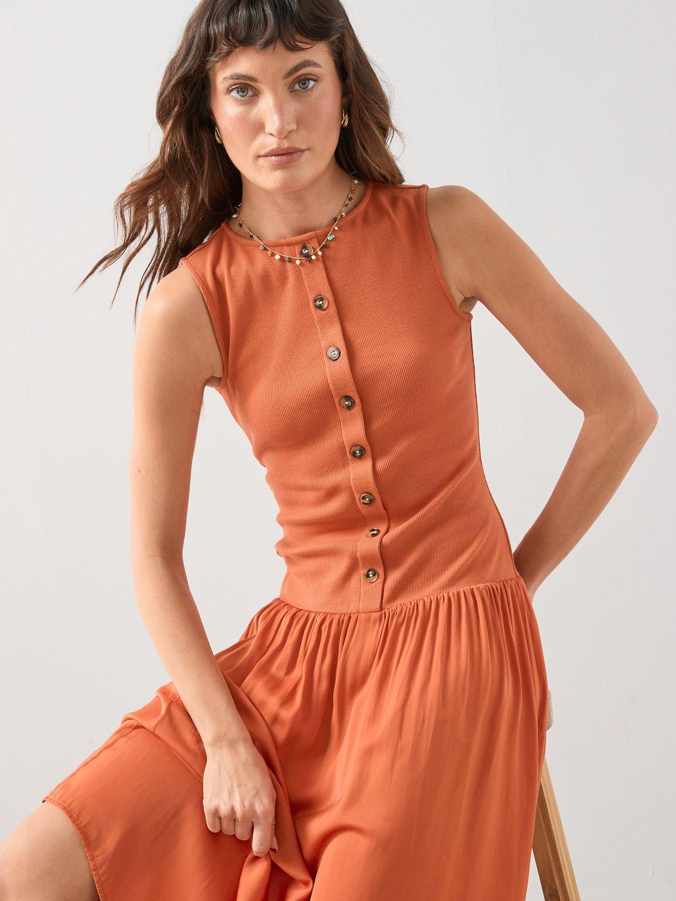  image of the-very-collection-button-through-ribbed-maxi-dress-orange